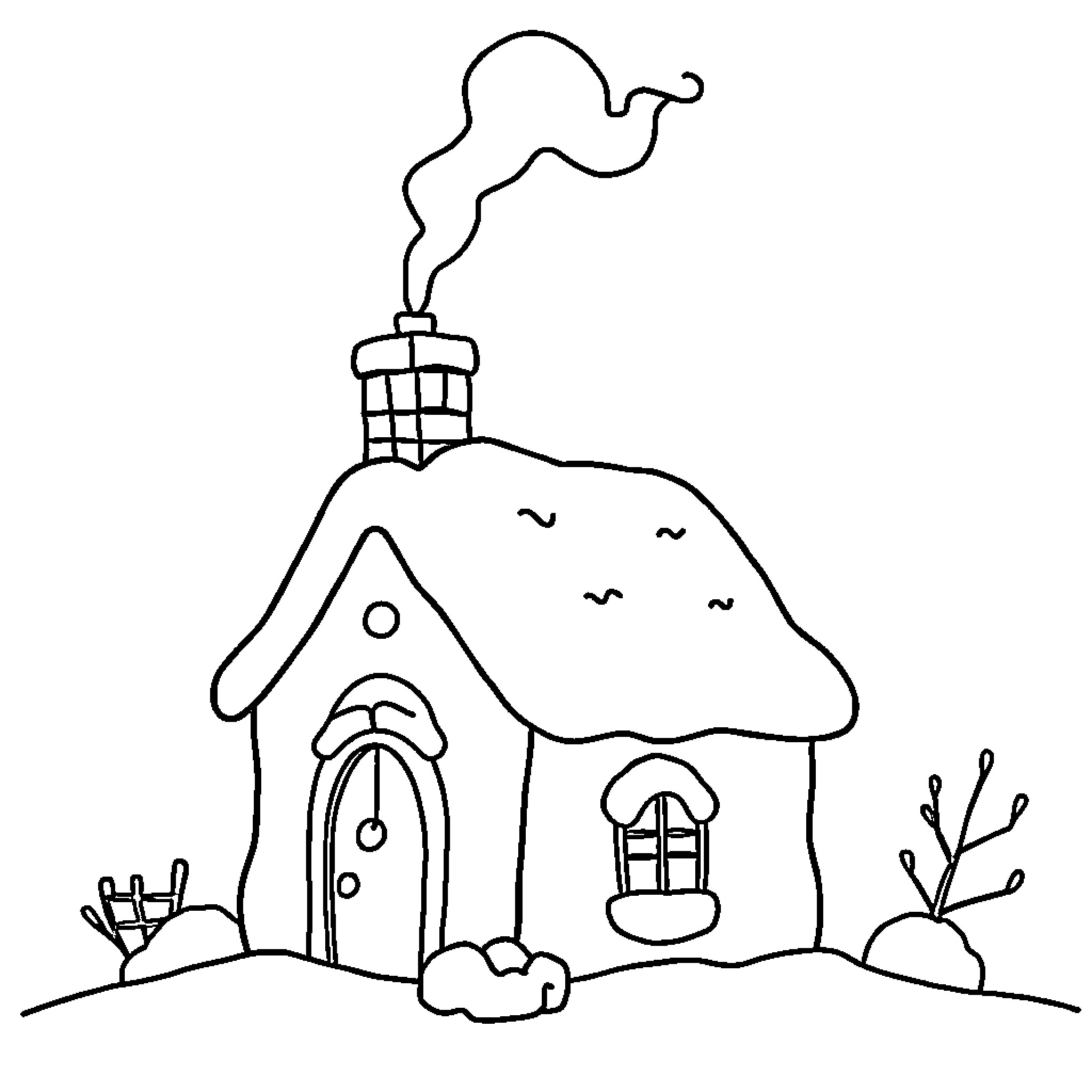 House with Snowy Roof and Chimney Smoke Coloring Page (free black-and-white line drawing printable PDF for all, from beginners to advanced learners, including children, teens, adults, and seniors)