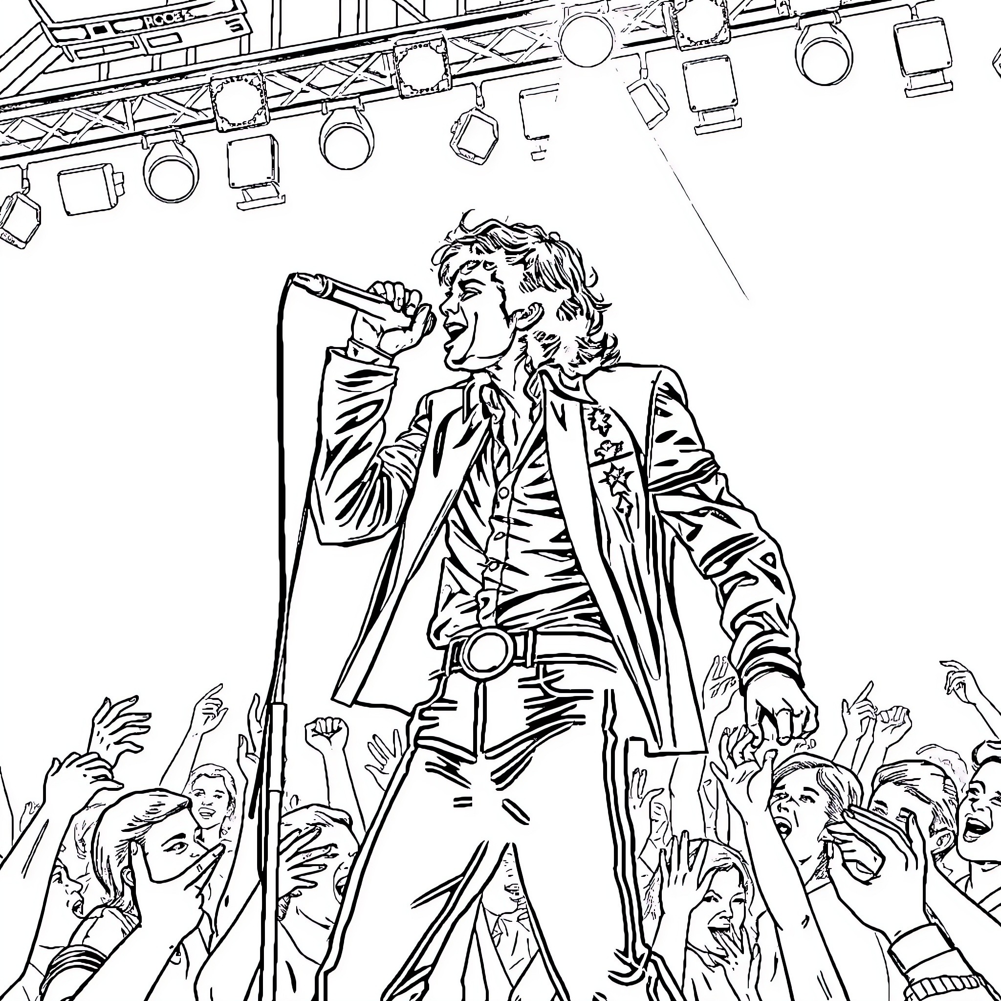 Michael Jackson performing on stage with crowd Coloring Page (free black-and-white line drawing printable PDF for all, from beginners to advanced learners, including children, teens, adults, and seniors)