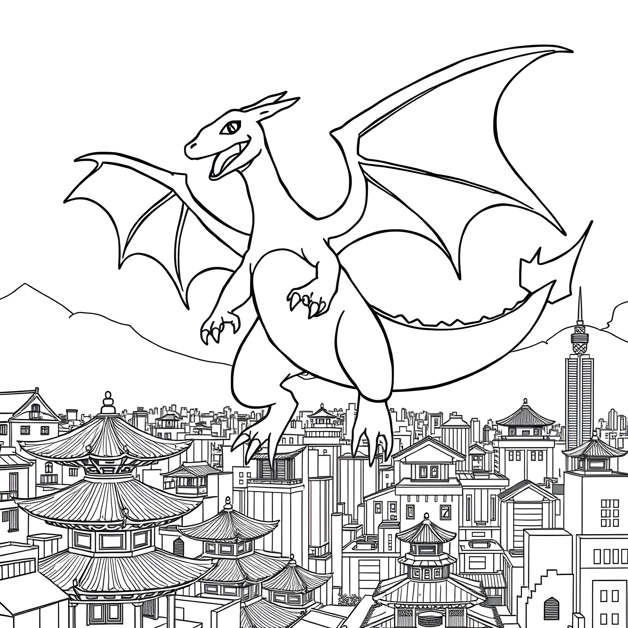 Charizard soaring over the city skyline Coloring Page (free black-and-white line drawing printable PDF for all, from beginners to advanced learners, including children, teens, adults, and seniors)