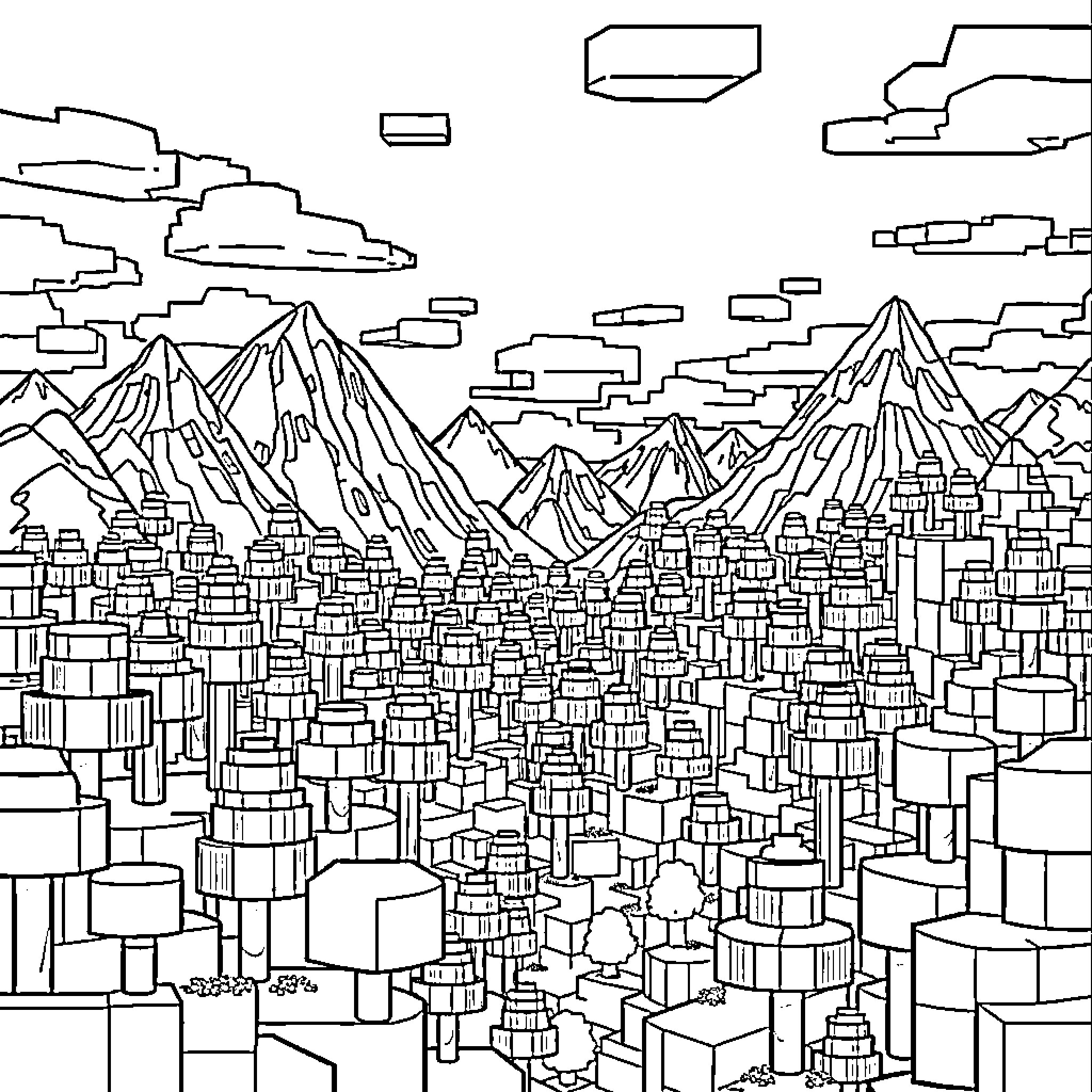 Minecraft Landscape of Towering Mountains and Bustling City Coloring Page (free black-and-white line drawing printable PDF for all, from beginners to advanced learners, including children, teens, adults, and seniors)