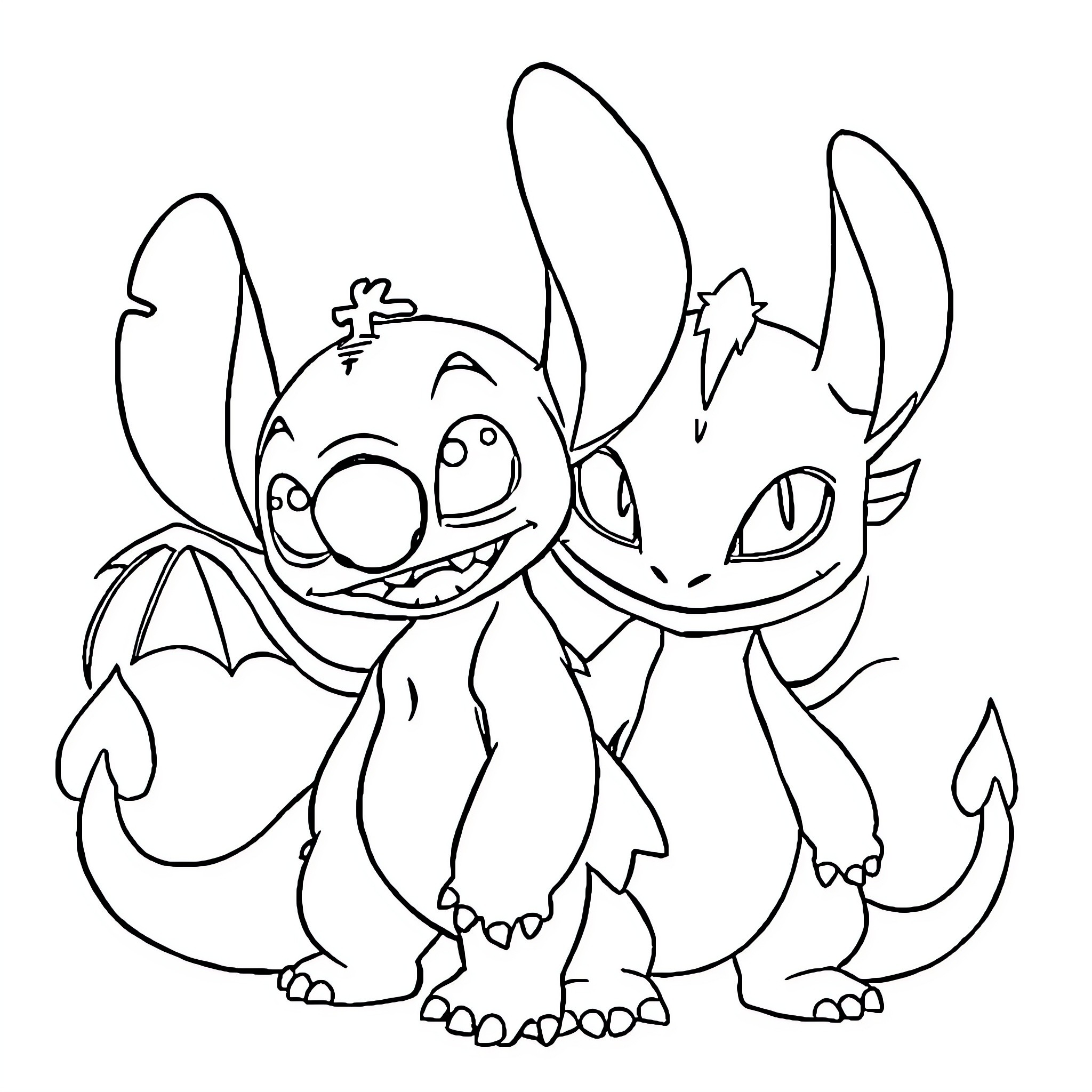 Stitch and Toothless playing together Coloring Page (free black-and-white line drawing printable PDF for all, from beginners to advanced learners, including children, teens, adults, and seniors)