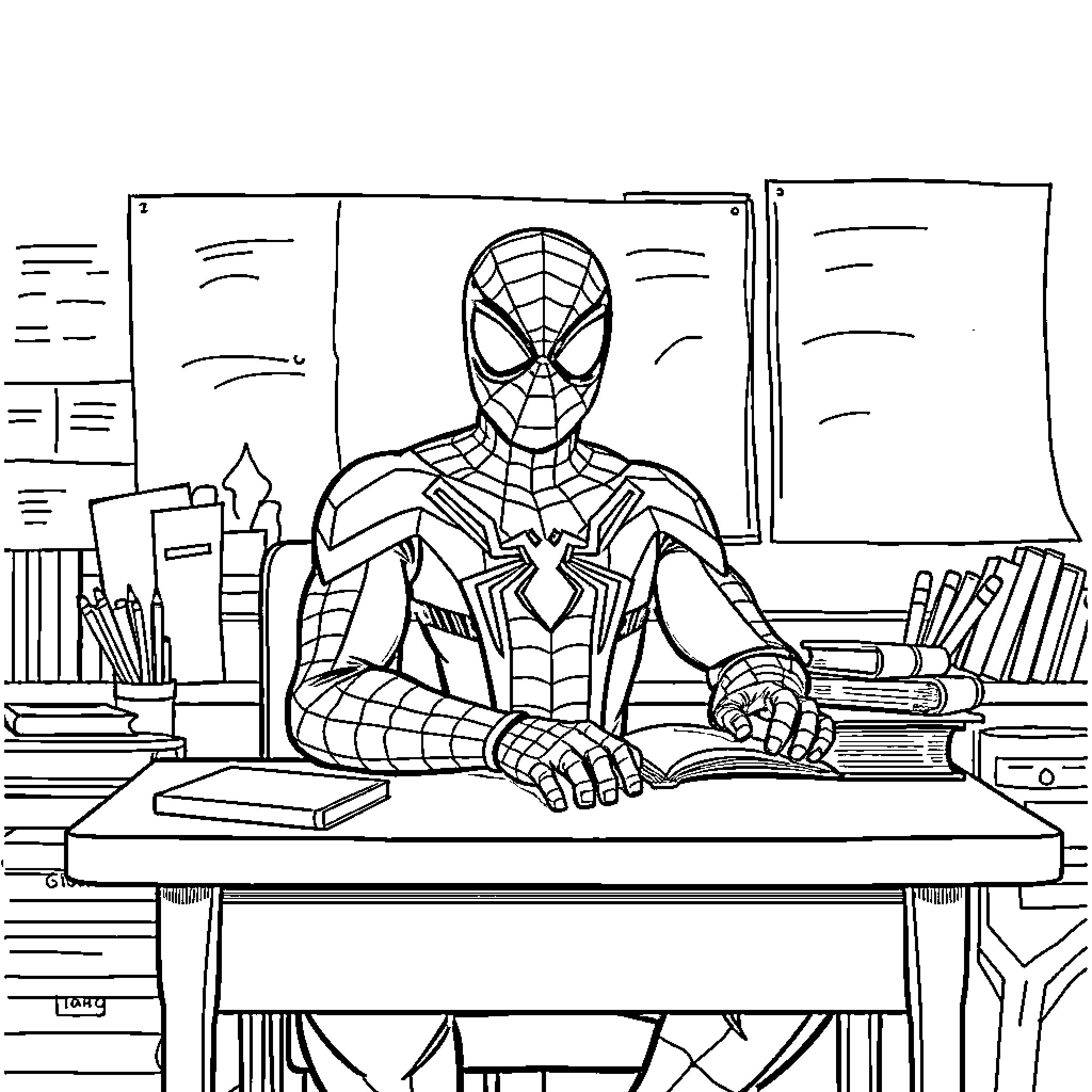 Spiderman working diligently at his desk Coloring Page (free black-and-white line drawing printable PDF for all, from beginners to advanced learners, including children, teens, adults, and seniors)