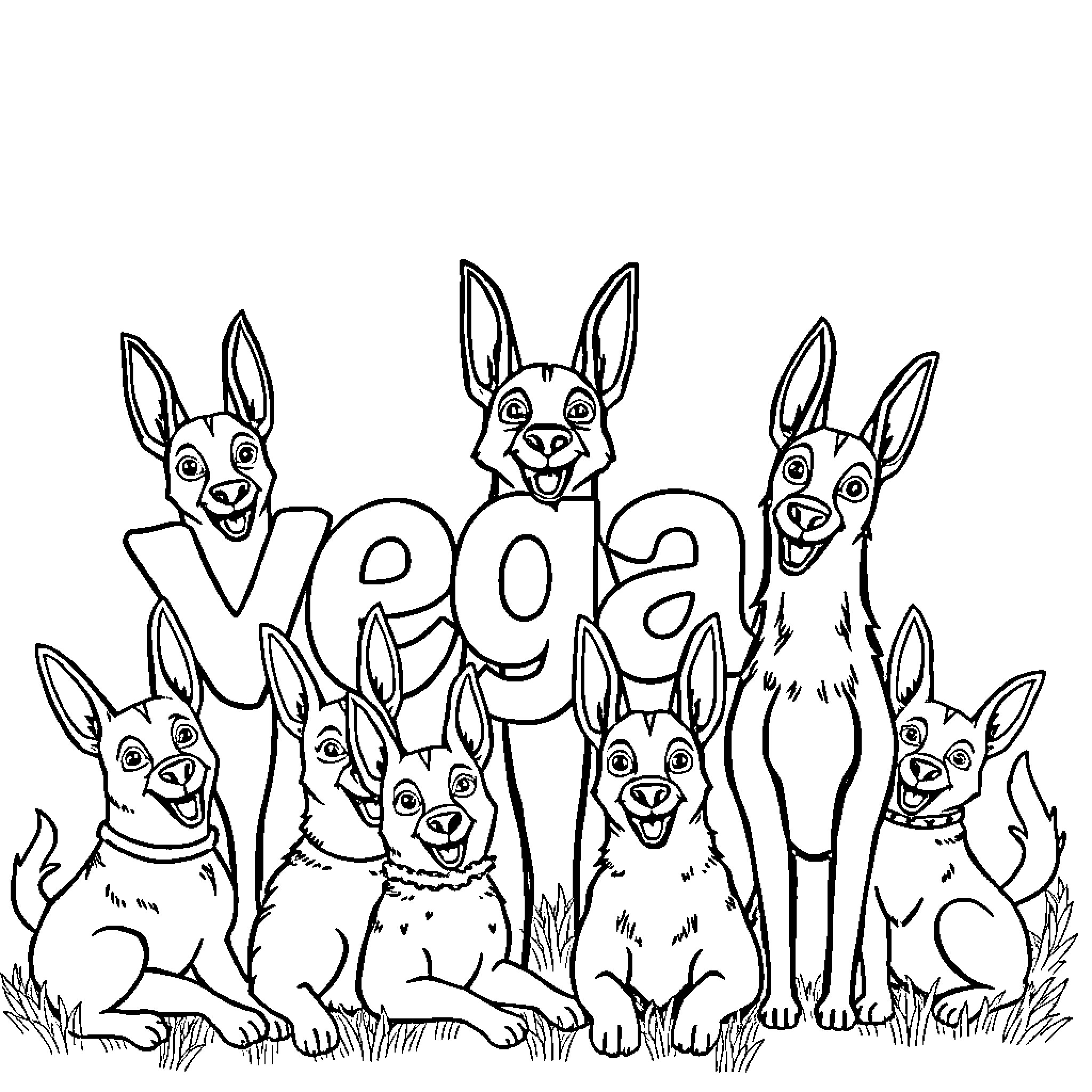 Podenco dogs in a playful meadow scene Coloring Page (free black-and-white line drawing printable PDF for all, from beginners to advanced learners, including children, teens, adults, and seniors)