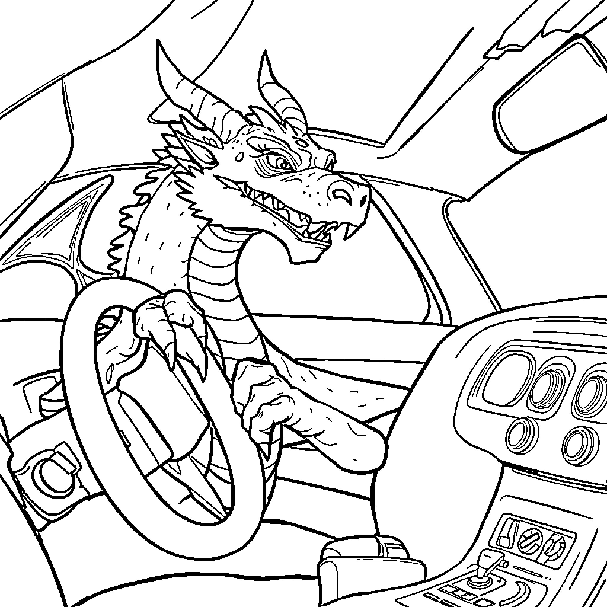 Dragon Operating High-Tech Vehicle Coloring Page (free black-and-white line drawing printable PDF for all, from beginners to advanced learners, including children, teens, adults, and seniors)