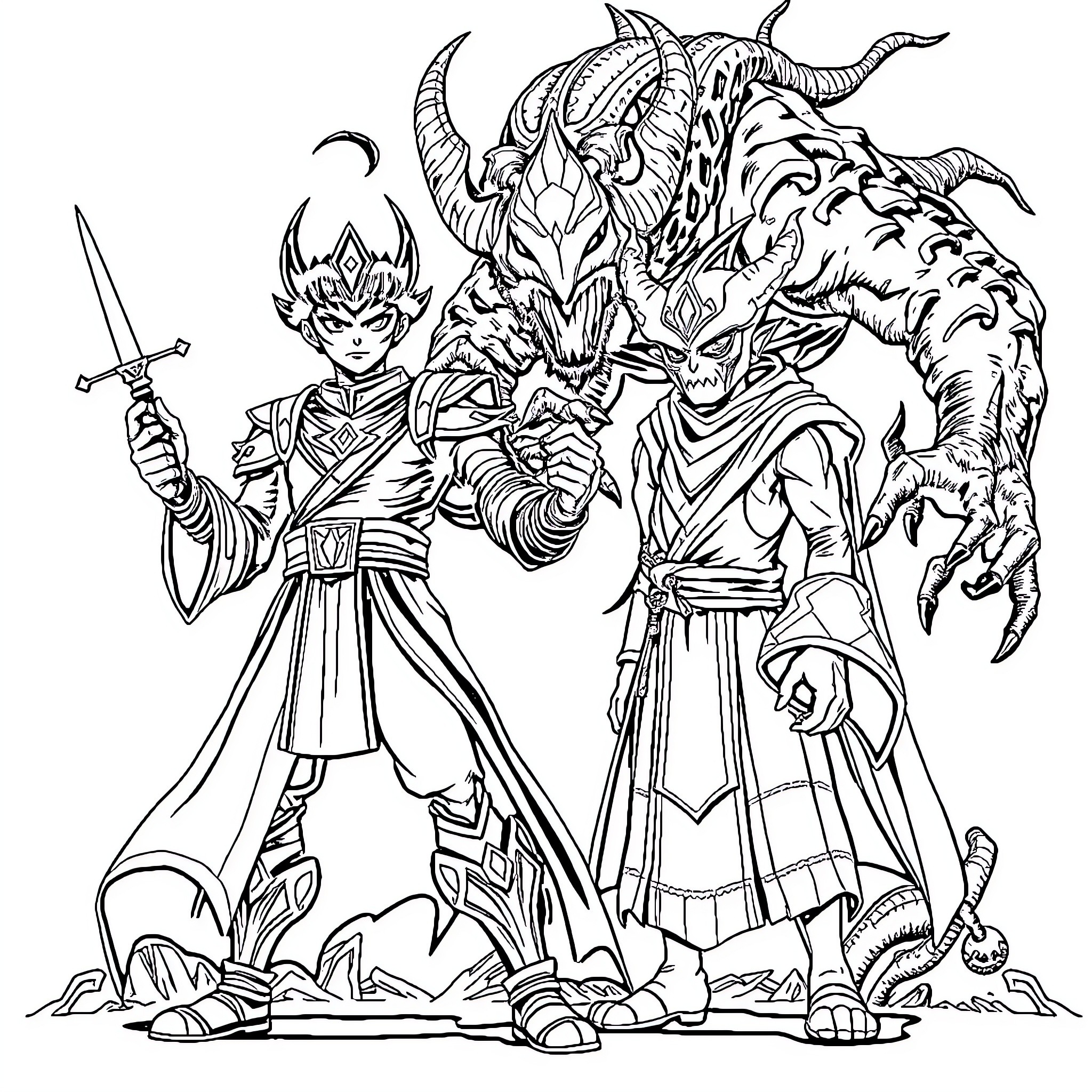 Tung Tung Sahur: Heroic warriors and mythical beast Coloring Page (free black-and-white line drawing printable PDF for all, from beginners to advanced learners, including children, teens, adults, and seniors)