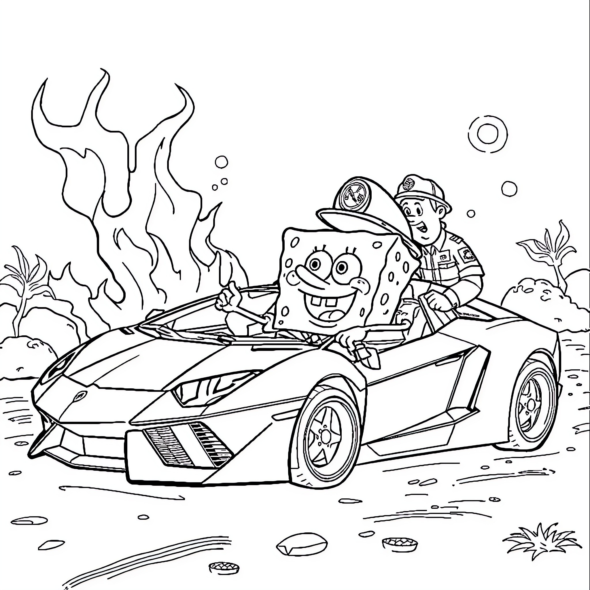 Spongebob driving a sports car with Patrick Coloring Page (free black-and-white line drawing printable PDF for all, from beginners to advanced learners, including children, teens, adults, and seniors)