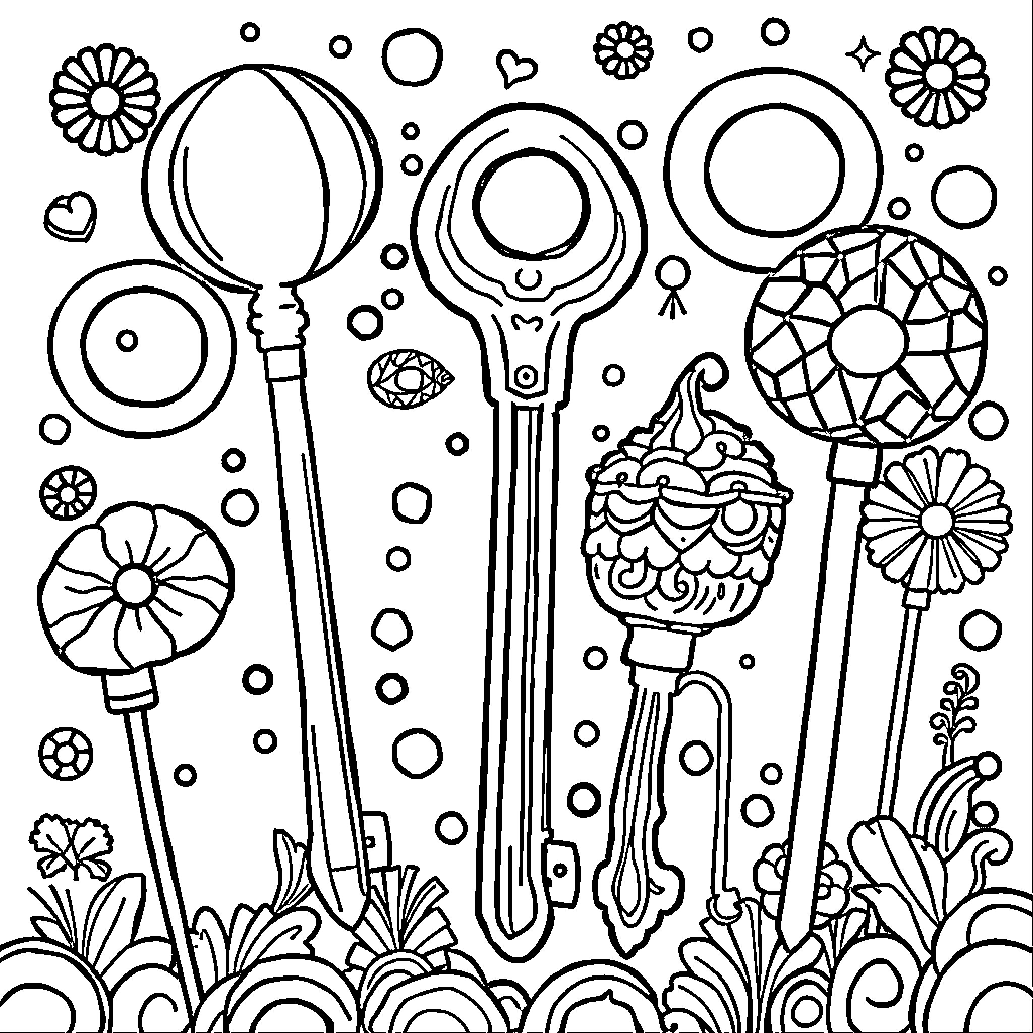 Key Pops in Flower Garden Coloring Page (free black-and-white line drawing printable PDF for all, from beginners to advanced learners, including children, teens, adults, and seniors)