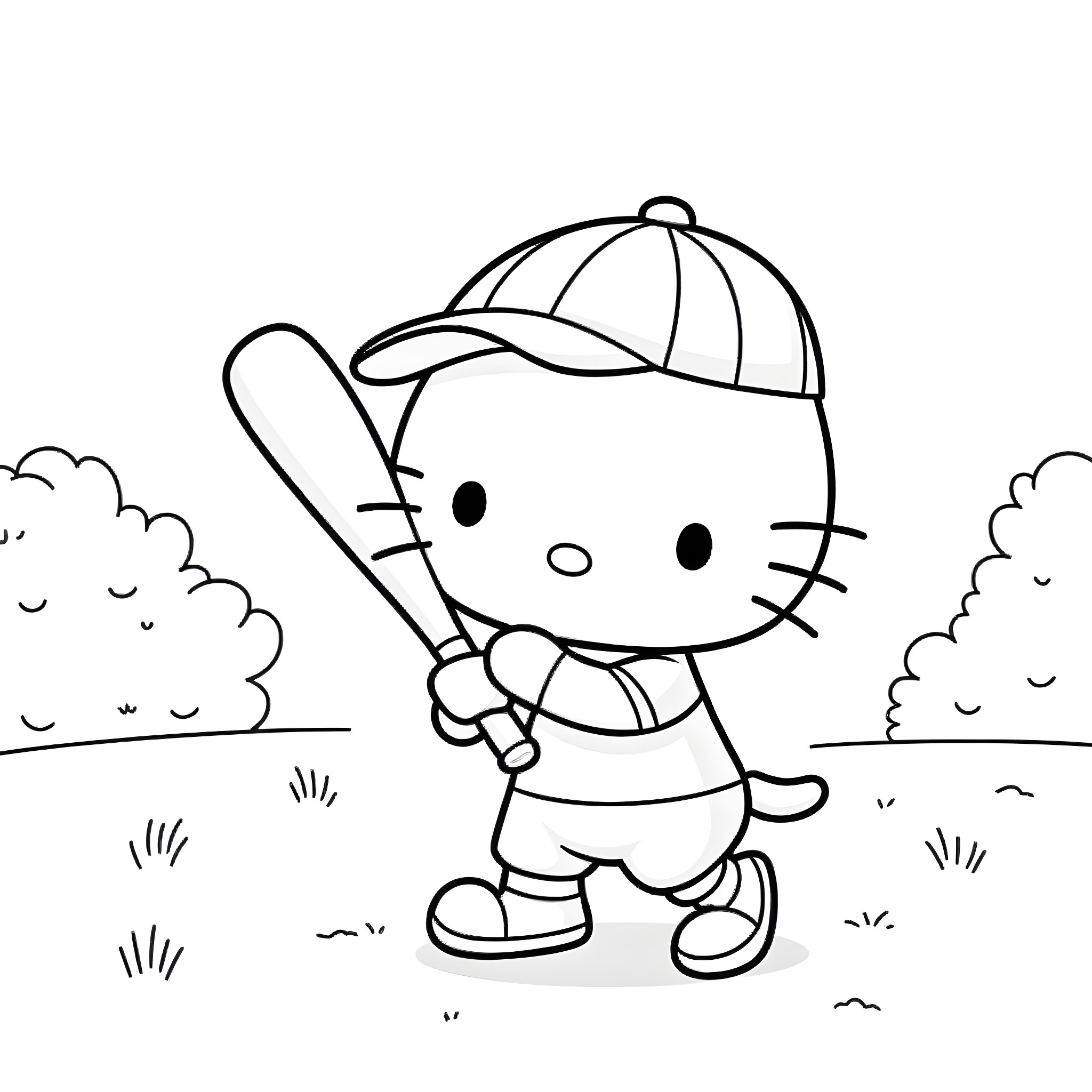 Hello Kitty playing baseball outdoors Coloring Page (free black-and-white line drawing printable PDF for all, from beginners to advanced learners, including children, teens, adults, and seniors)