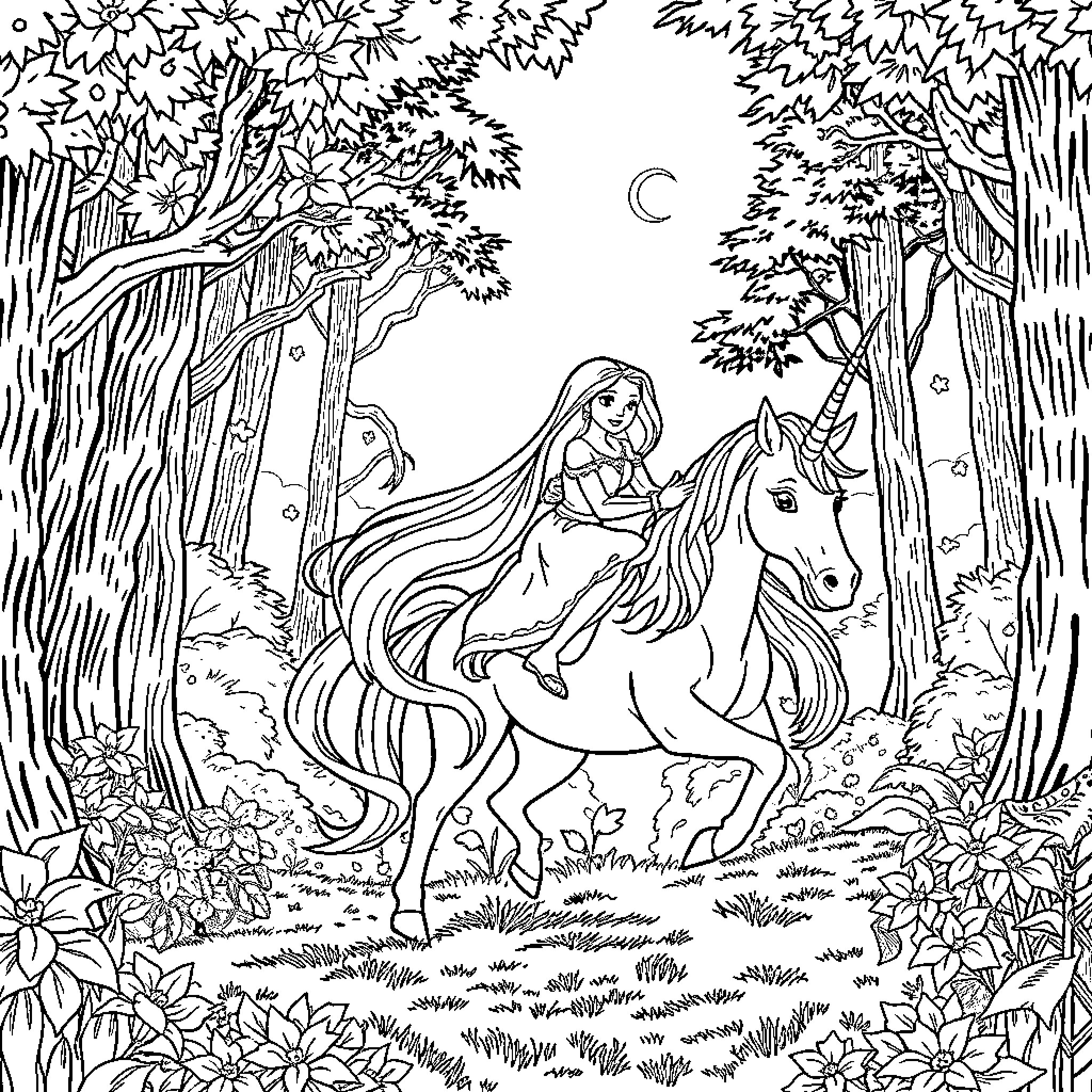 Rapunzel riding a unicorn through the enchanted forest Coloring Page (free black-and-white line drawing printable PDF for all, from beginners to advanced learners, including children, teens, adults, and seniors)