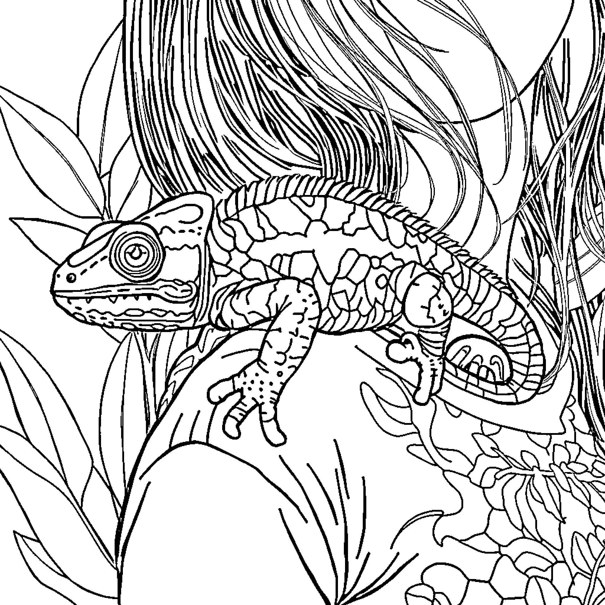 Chameleon exploring lush foliage Coloring Page (free black-and-white line drawing printable PDF for all, from beginners to advanced learners, including children, teens, adults, and seniors)