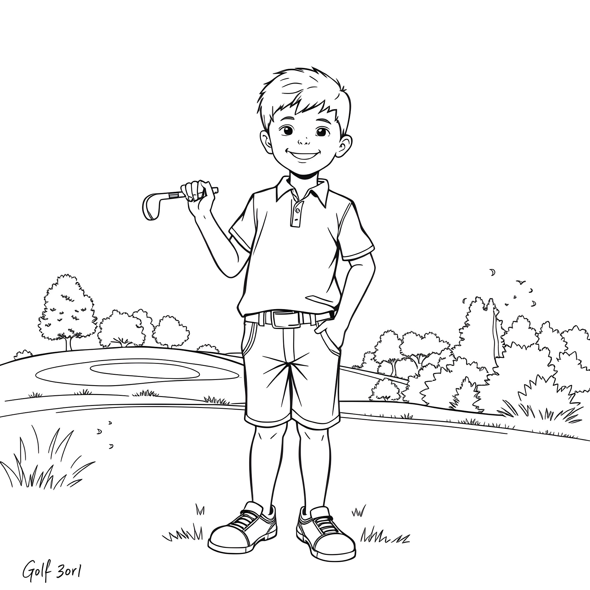 Boy playing golf in the park Coloring Page (free black-and-white line drawing printable PDF for all, from beginners to advanced learners, including children, teens, adults, and seniors)