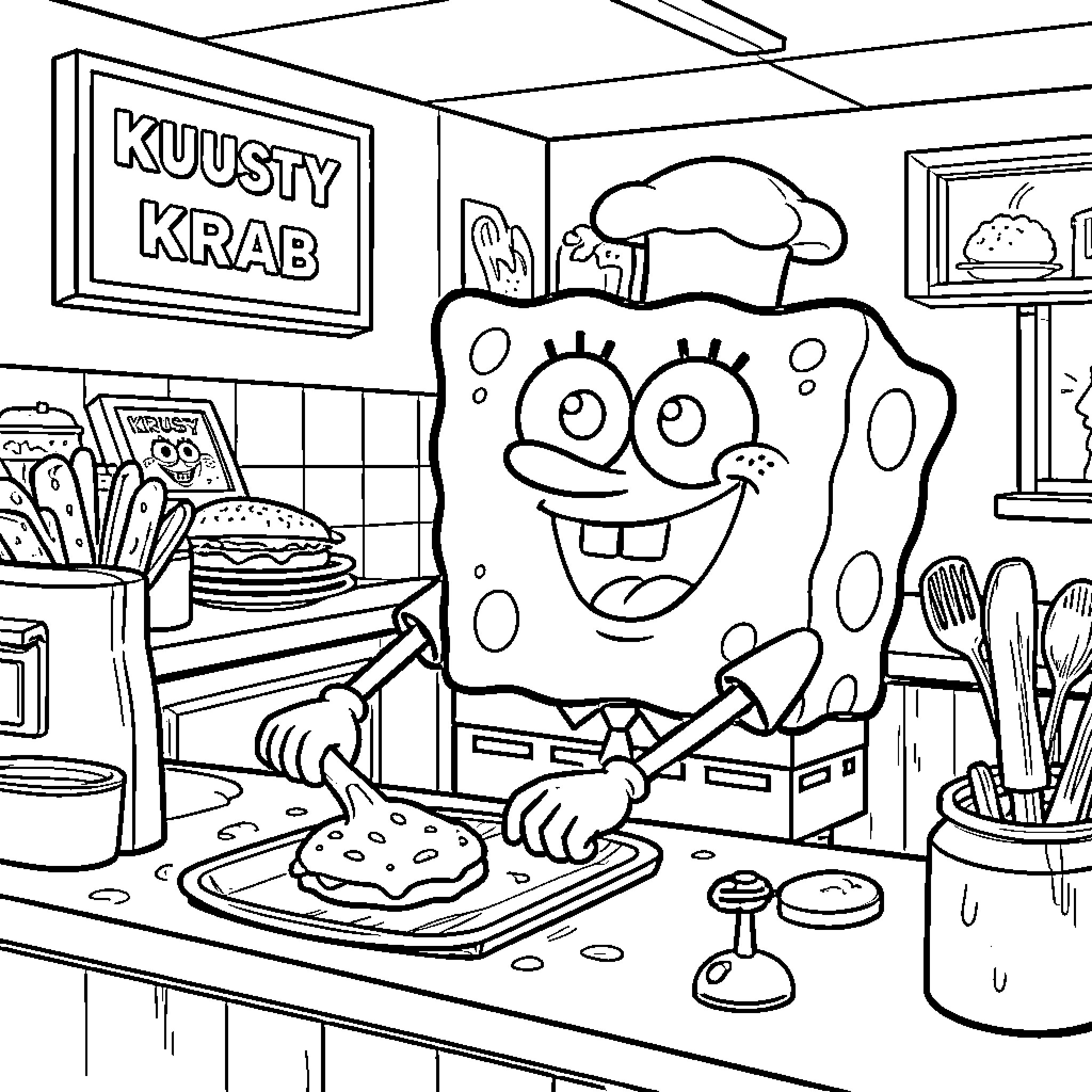 Spongebob happily cooking burgers in the kitchen Coloring Page (free black-and-white line drawing printable PDF for all, from beginners to advanced learners, including children, teens, adults, and seniors)