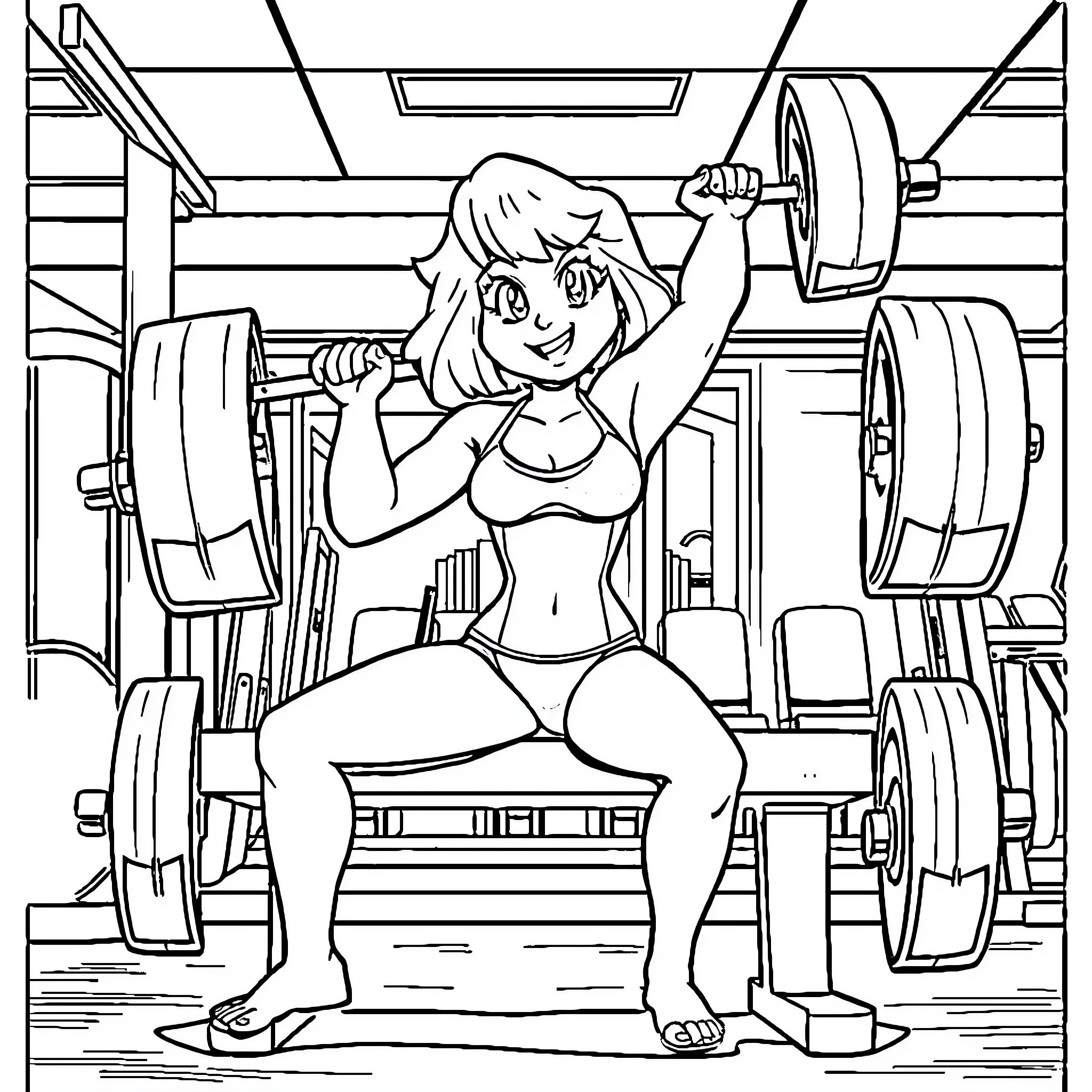 Velma Lifting Weights at the Gym Coloring Page (free black-and-white line drawing printable PDF for all, from beginners to advanced learners, including children, teens, adults, and seniors)
