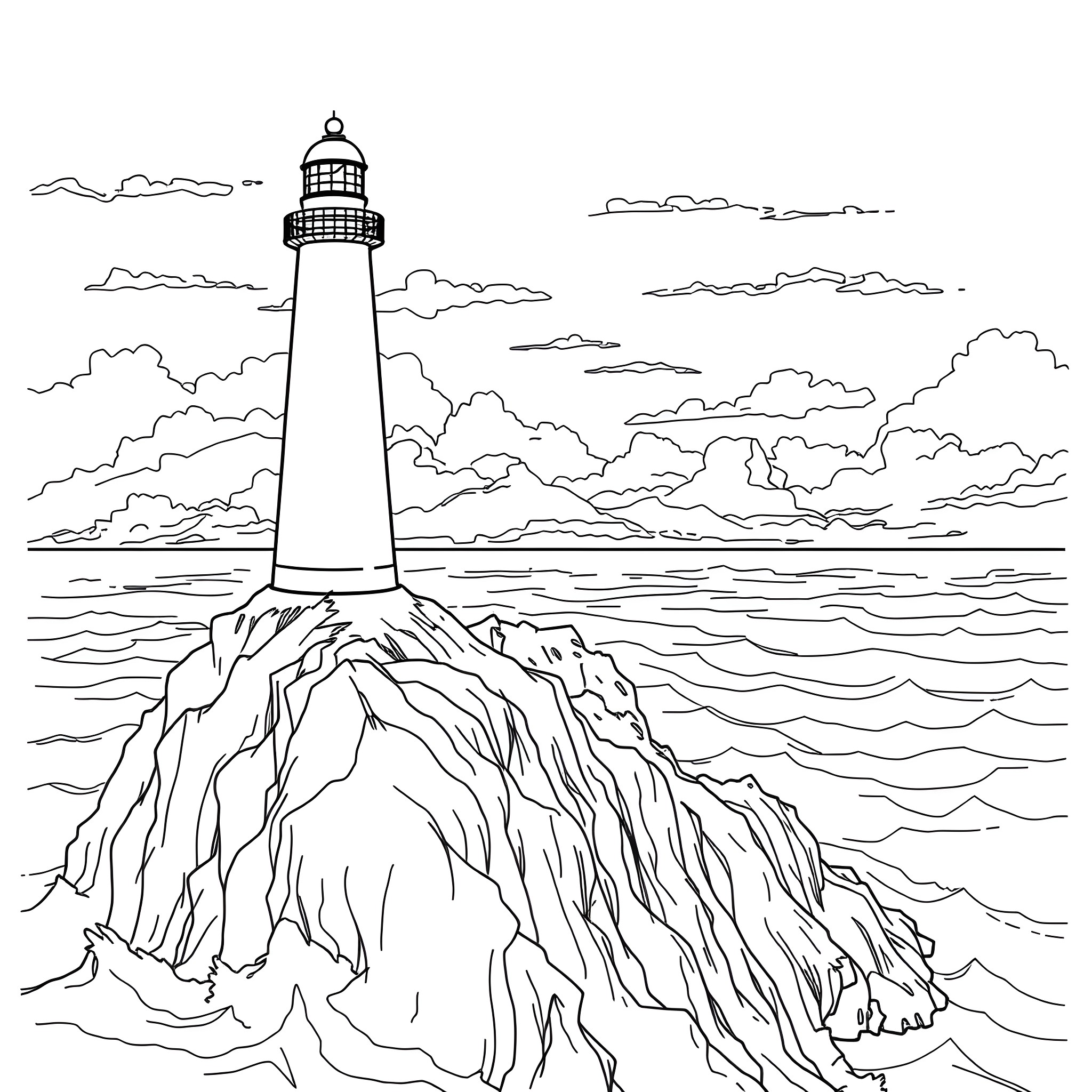 Lighthouse standing tall on rocky coast Coloring Page (free black-and-white line drawing printable PDF for all, from beginners to advanced learners, including children, teens, adults, and seniors)