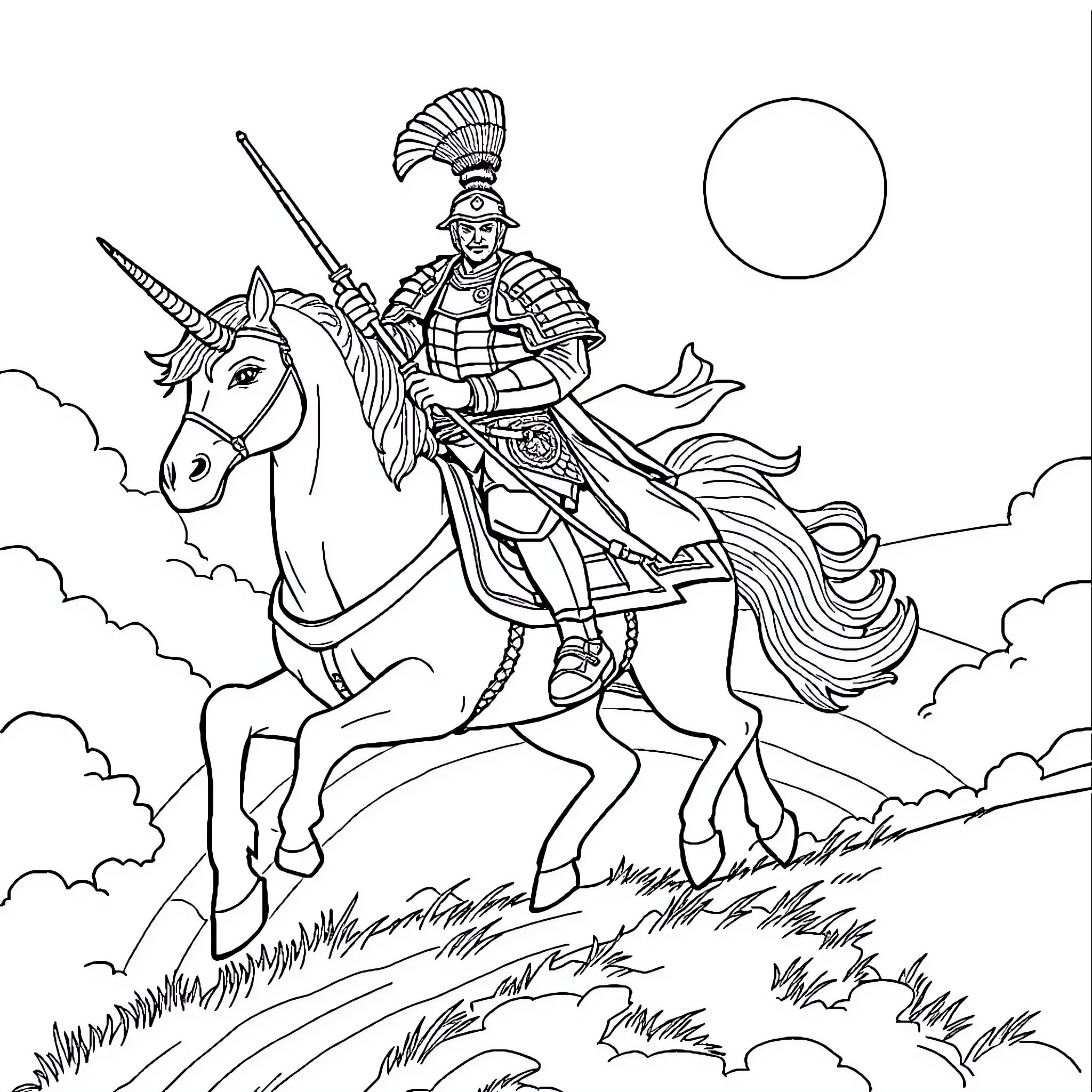 Samurai warrior riding a majestic unicorn in a celestial landscape Coloring Page (free black-and-white line drawing printable PDF for all, from beginners to advanced learners, including children, teens, adults, and seniors)