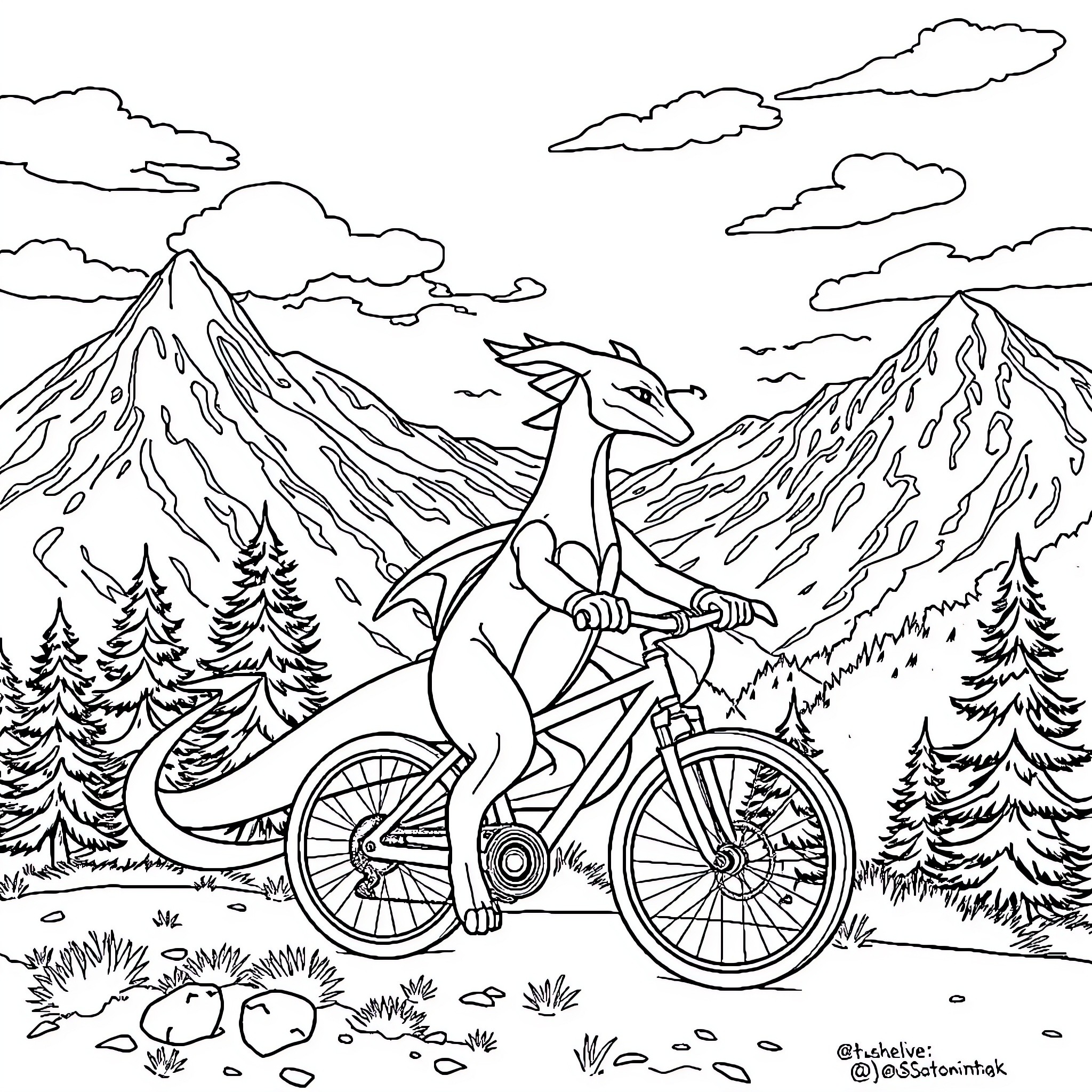 Rayquaza riding a bicycle through the mountains Coloring Page (free black-and-white line drawing printable PDF for all, from beginners to advanced learners, including children, teens, adults, and seniors)