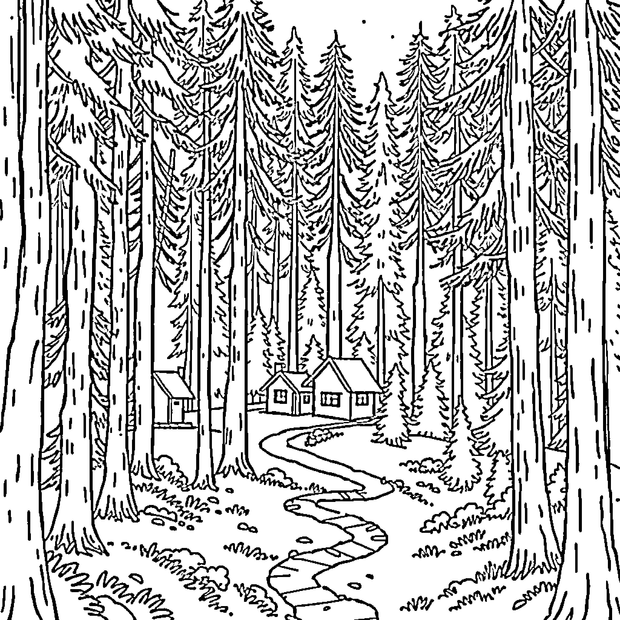 House in snowy forest landscape Coloring Page (free black-and-white line drawing printable PDF for all, from beginners to advanced learners, including children, teens, adults, and seniors)