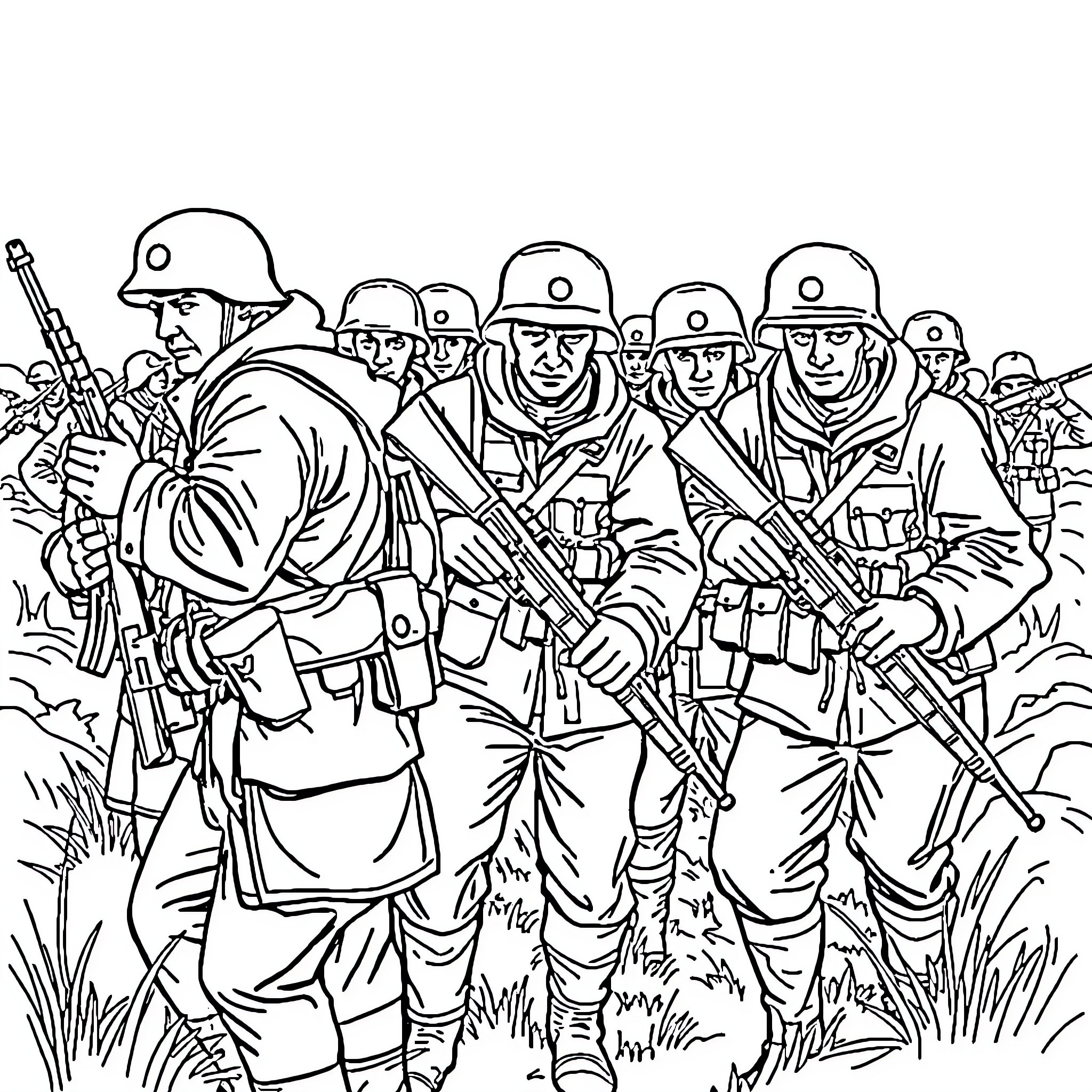 Volkssturm soldiers marching into battle with determination Coloring Page (free black-and-white line drawing printable PDF for all, from beginners to advanced learners, including children, teens, adults, and seniors)