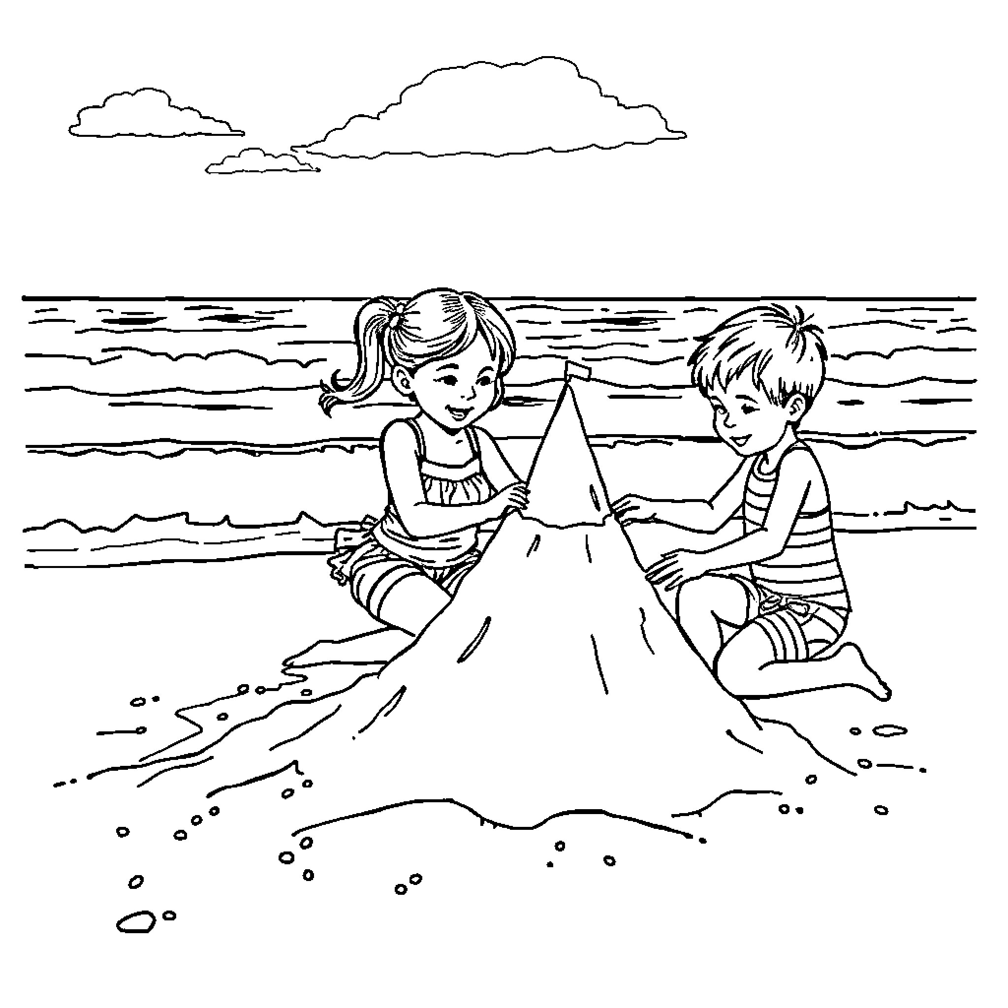 Child playing in the sand with friend Coloring Page (free black-and-white line drawing printable PDF for all, from beginners to advanced learners, including children, teens, adults, and seniors)