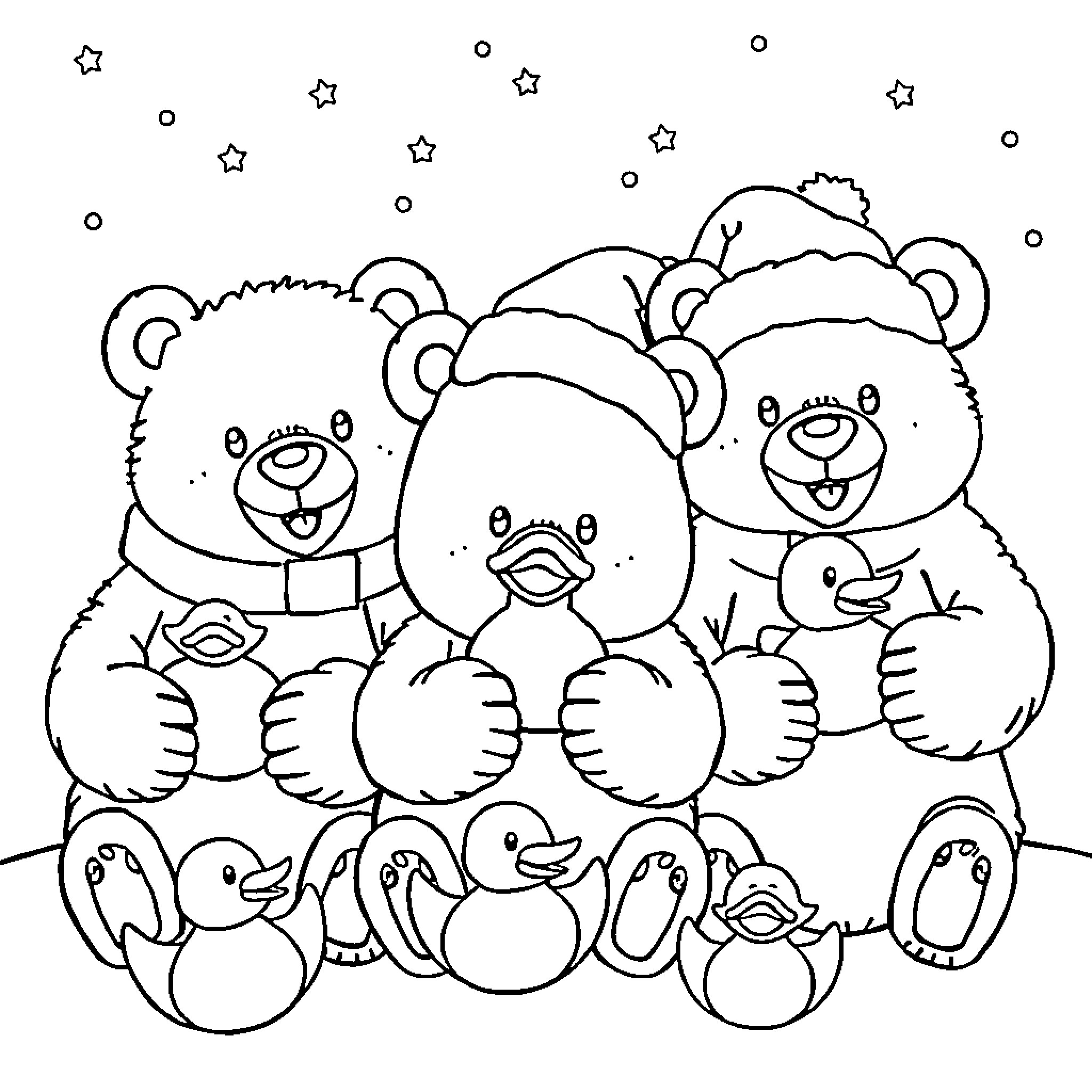 Bear family playing with ducklings under starry sky Coloring Page (free black-and-white line drawing printable PDF for all, from beginners to advanced learners, including children, teens, adults, and seniors)