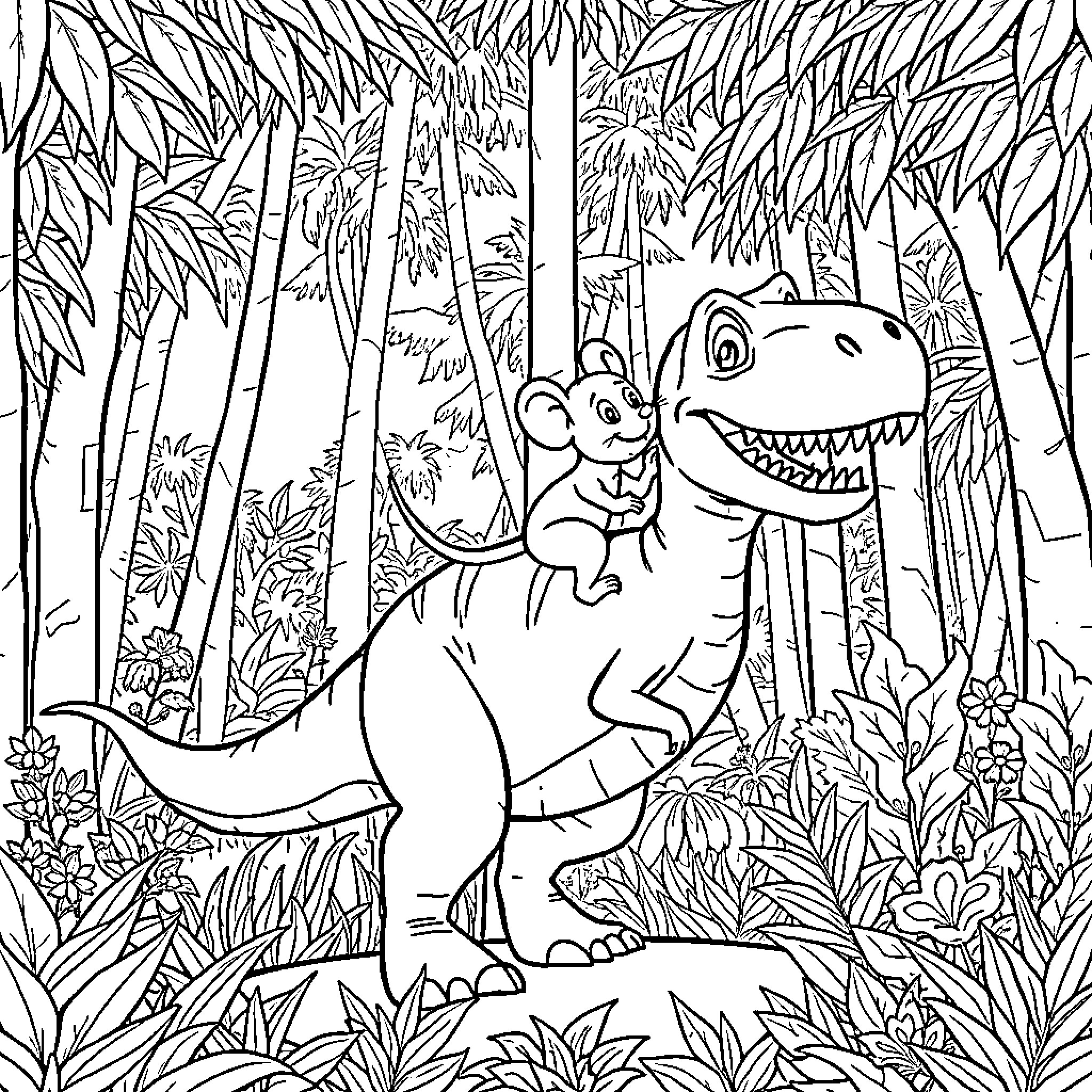 Mouse and Dinosaur Exploring the Jungle Coloring Page (free black-and-white line drawing printable PDF for all, from beginners to advanced learners, including children, teens, adults, and seniors)