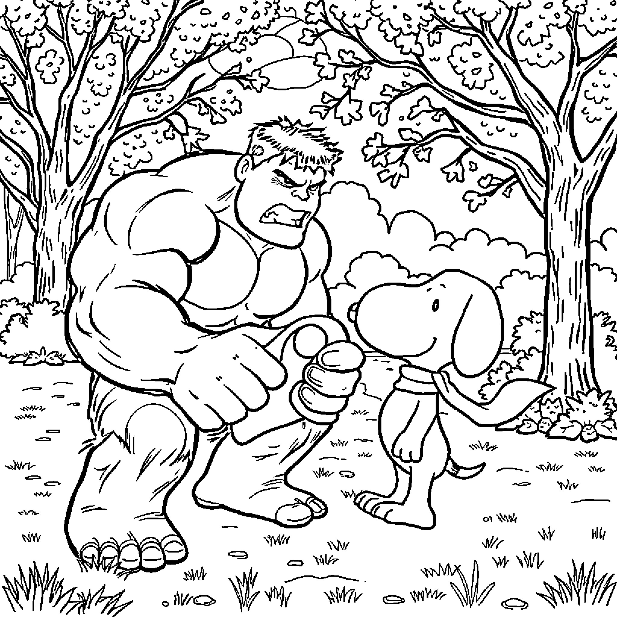 Hulk Playfully Interacts with Friendly Companion in Enchanting Forest Coloring Page (free black-and-white line drawing printable PDF for all, from beginners to advanced learners, including children, teens, adults, and seniors)