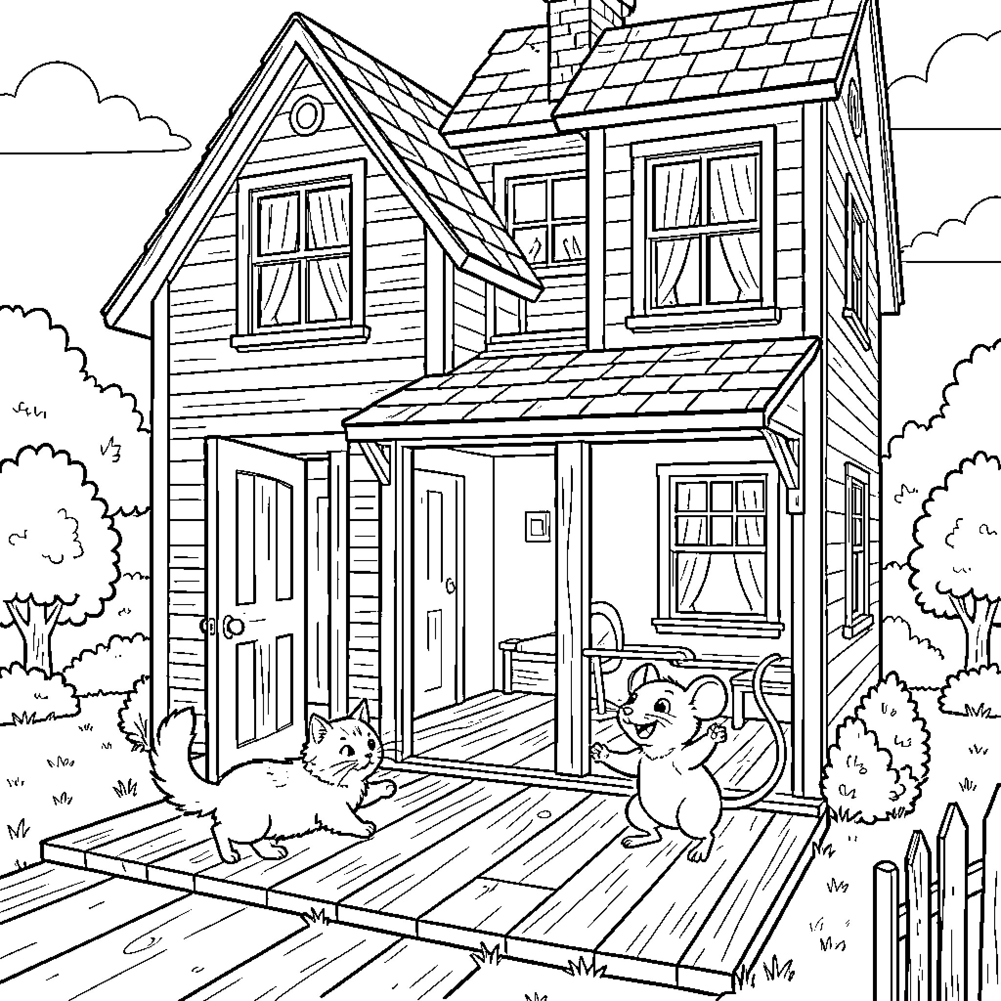 House with Playful Pets on the Porch Coloring Page (free black-and-white line drawing printable PDF for all, from beginners to advanced learners, including children, teens, adults, and seniors)