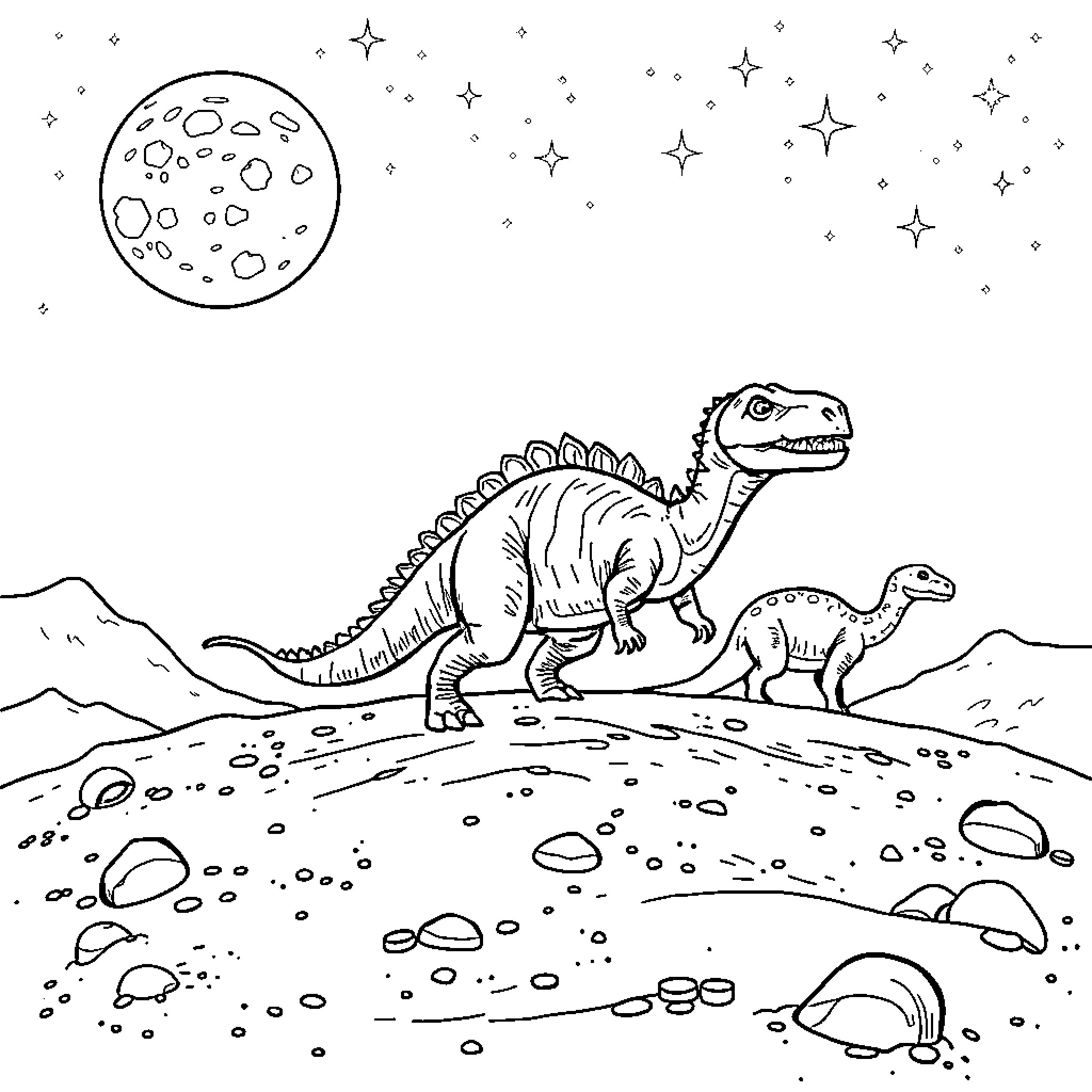 Dinosaur exploring the moonlit landscape Coloring Page (free black-and-white line drawing printable PDF for all, from beginners to advanced learners, including children, teens, adults, and seniors)