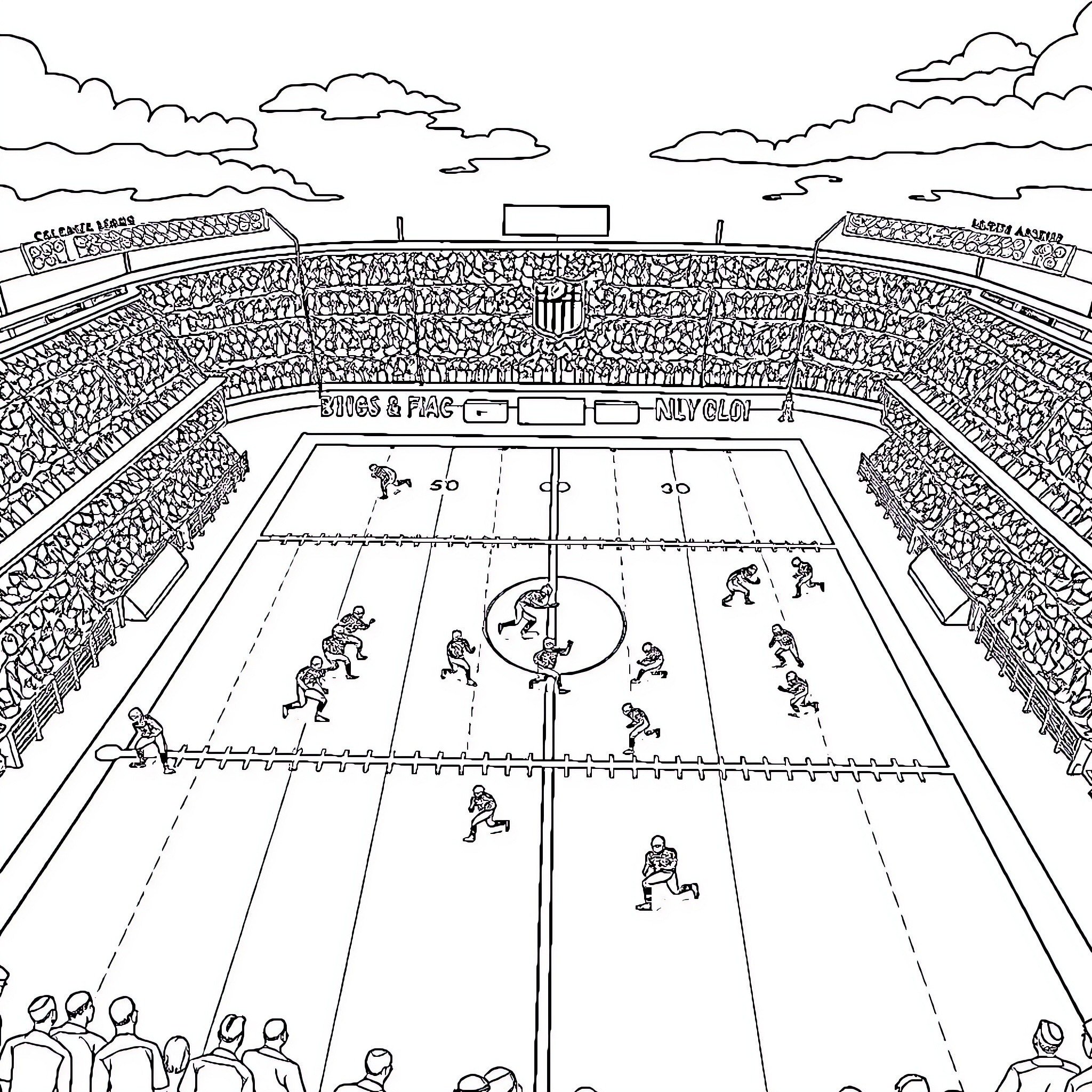 NFL Players Competing in Football Stadium Coloring Page (free black-and-white line drawing printable PDF for all, from beginners to advanced learners, including children, teens, adults, and seniors)