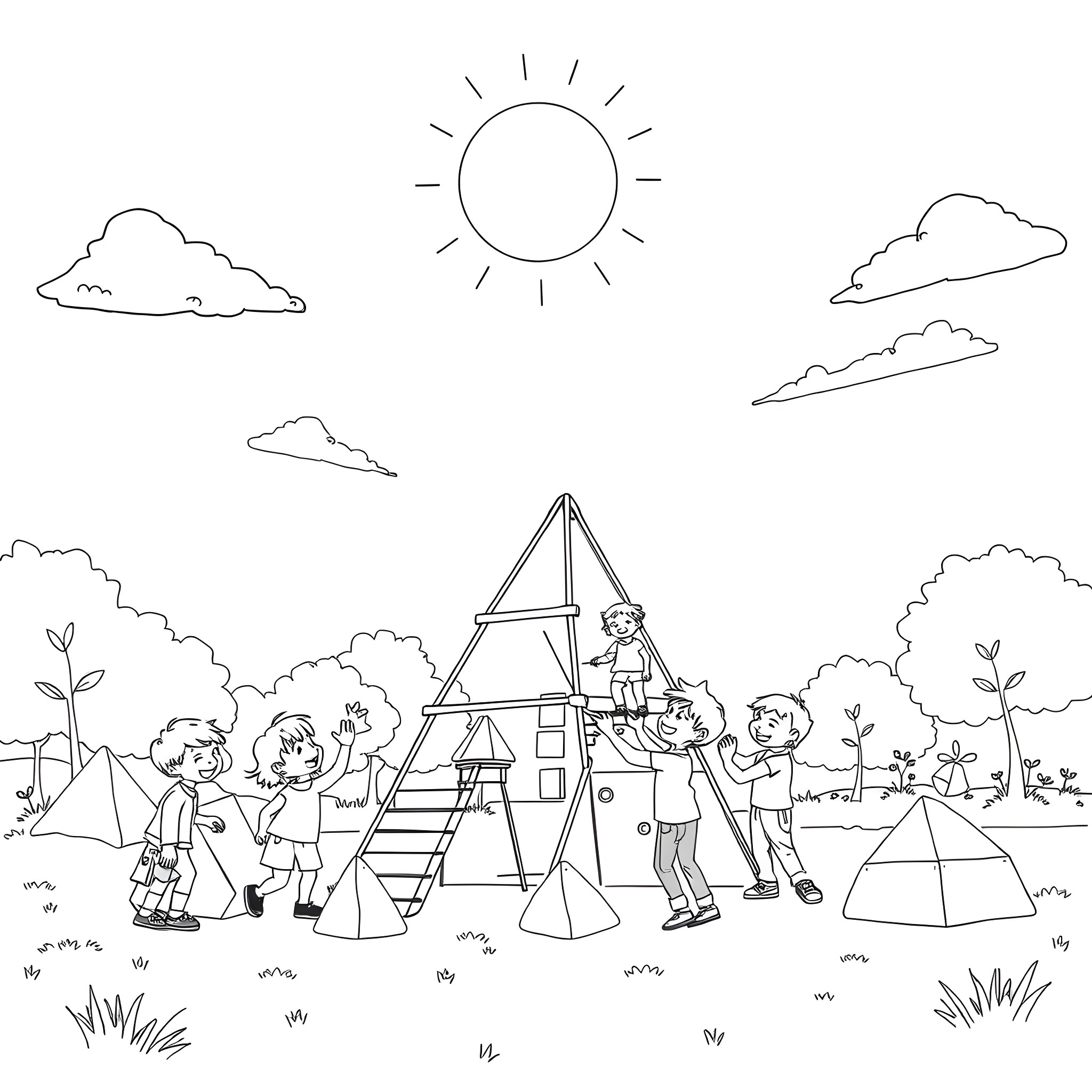 Kids playing on playground equipment in nature Coloring Page (free black-and-white line drawing printable PDF for all, from beginners to advanced learners, including children, teens, adults, and seniors)