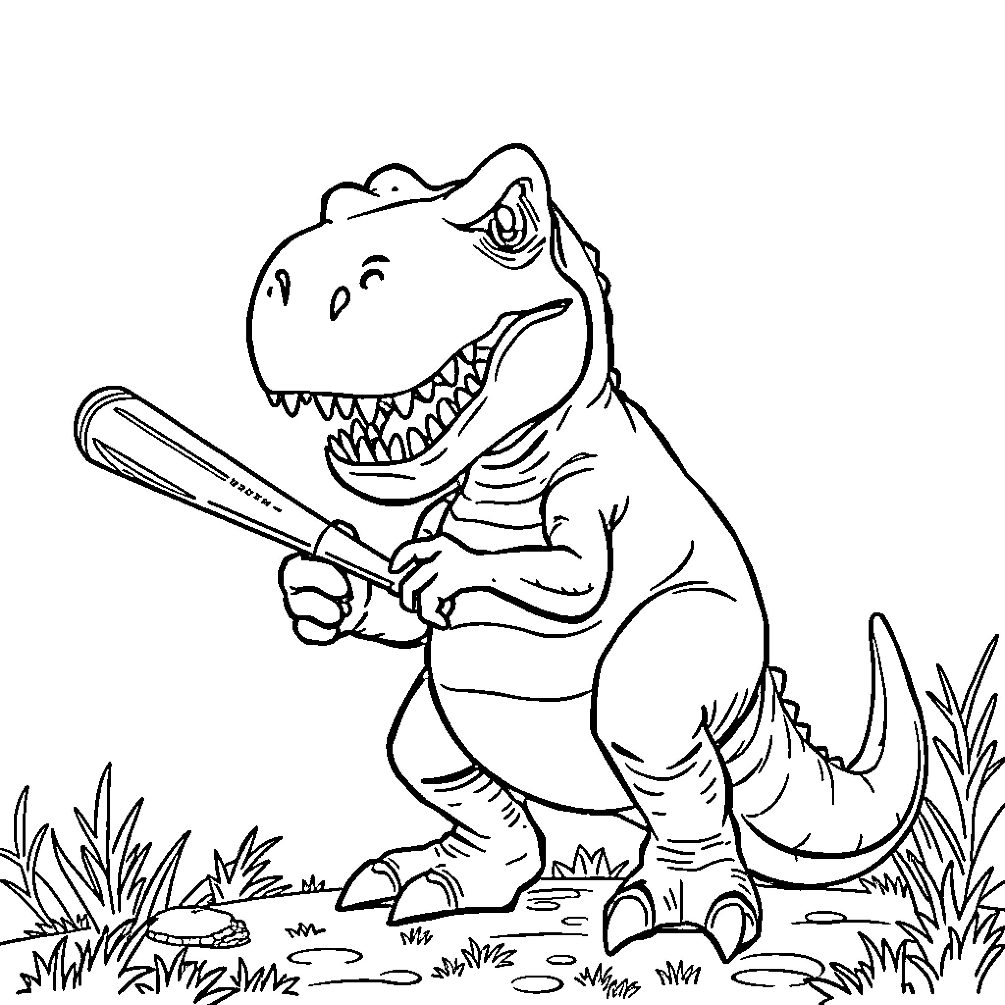 T-Rex playing with baseball bat in the wild Coloring Page (free black-and-white line drawing printable PDF for all, from beginners to advanced learners, including children, teens, adults, and seniors)