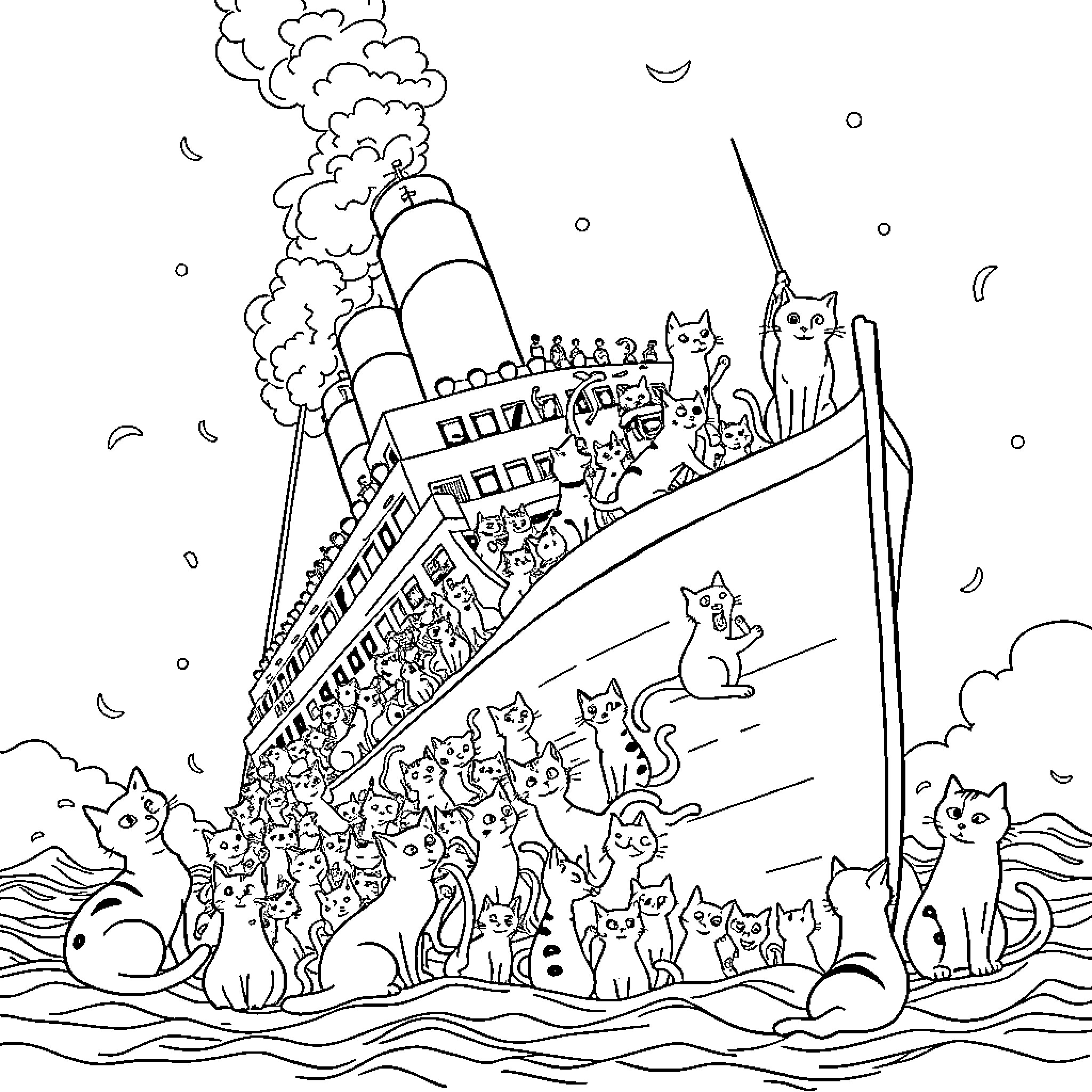 Titanic Ship Sinking with Cats on Board Coloring Page (free black-and-white line drawing printable PDF for all, from beginners to advanced learners, including children, teens, adults, and seniors)