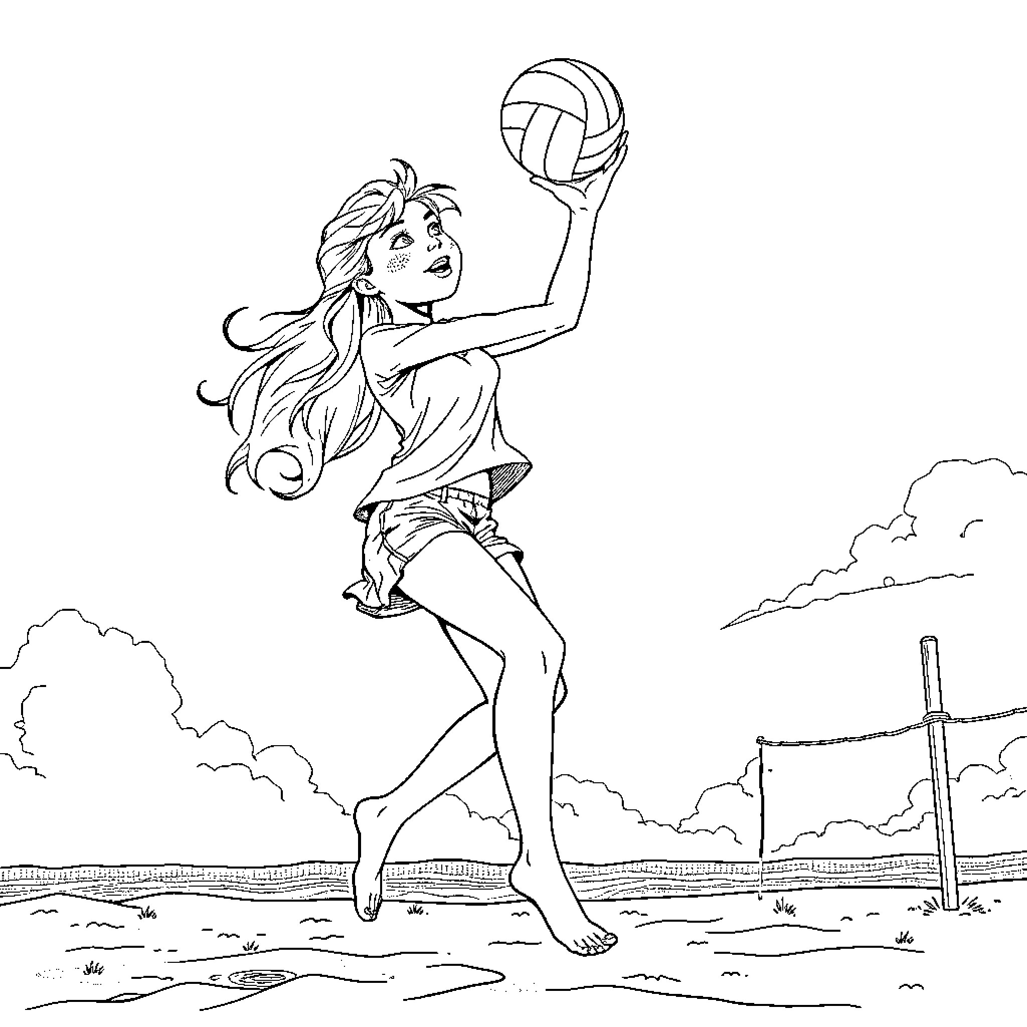 Girl playing volleyball on the beach Coloring Page (free black-and-white line drawing printable PDF for all, from beginners to advanced learners, including children, teens, adults, and seniors)