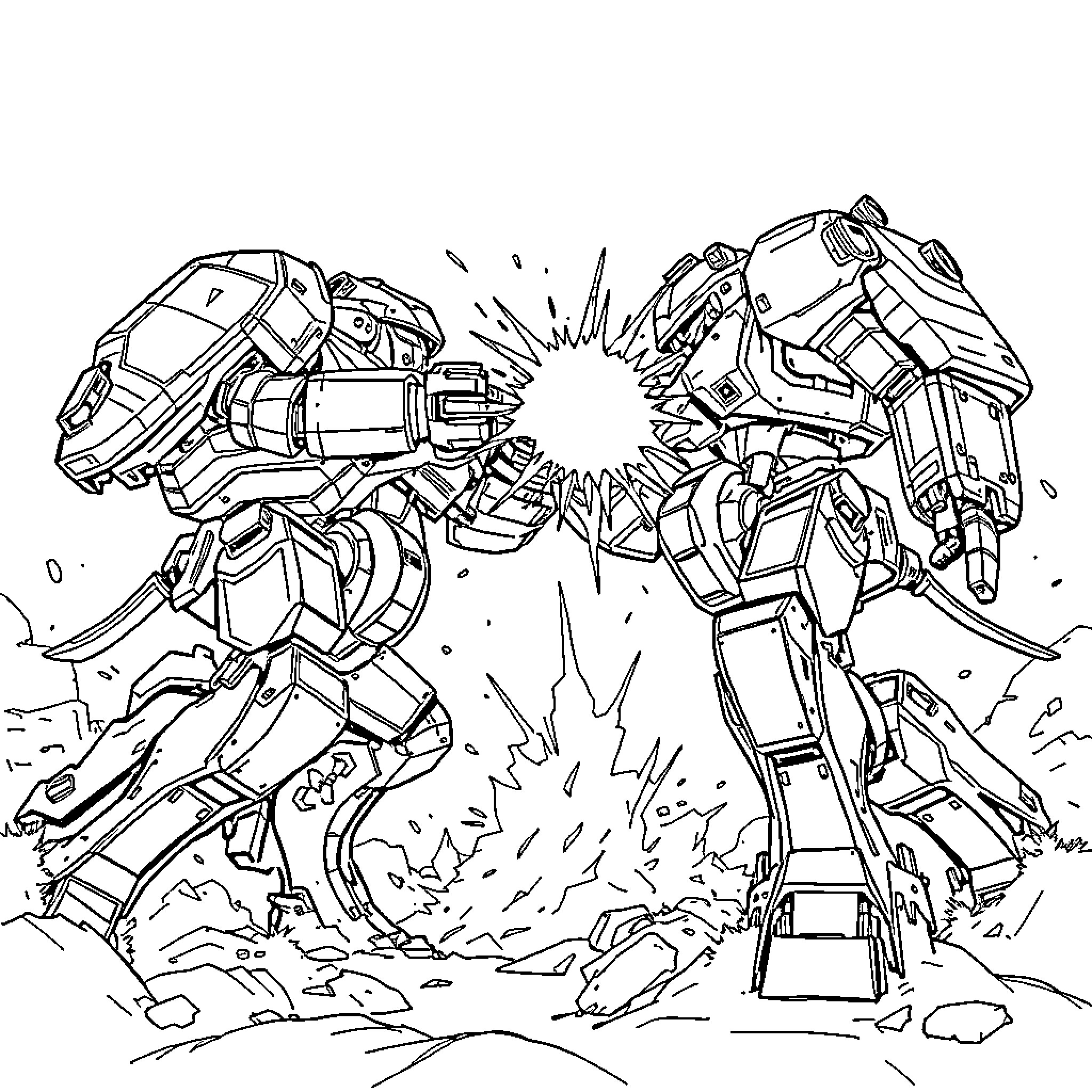 Mech Titans Clashing in Epic Battle Coloring Page (free black-and-white line drawing printable PDF for all, from beginners to advanced learners, including children, teens, adults, and seniors)