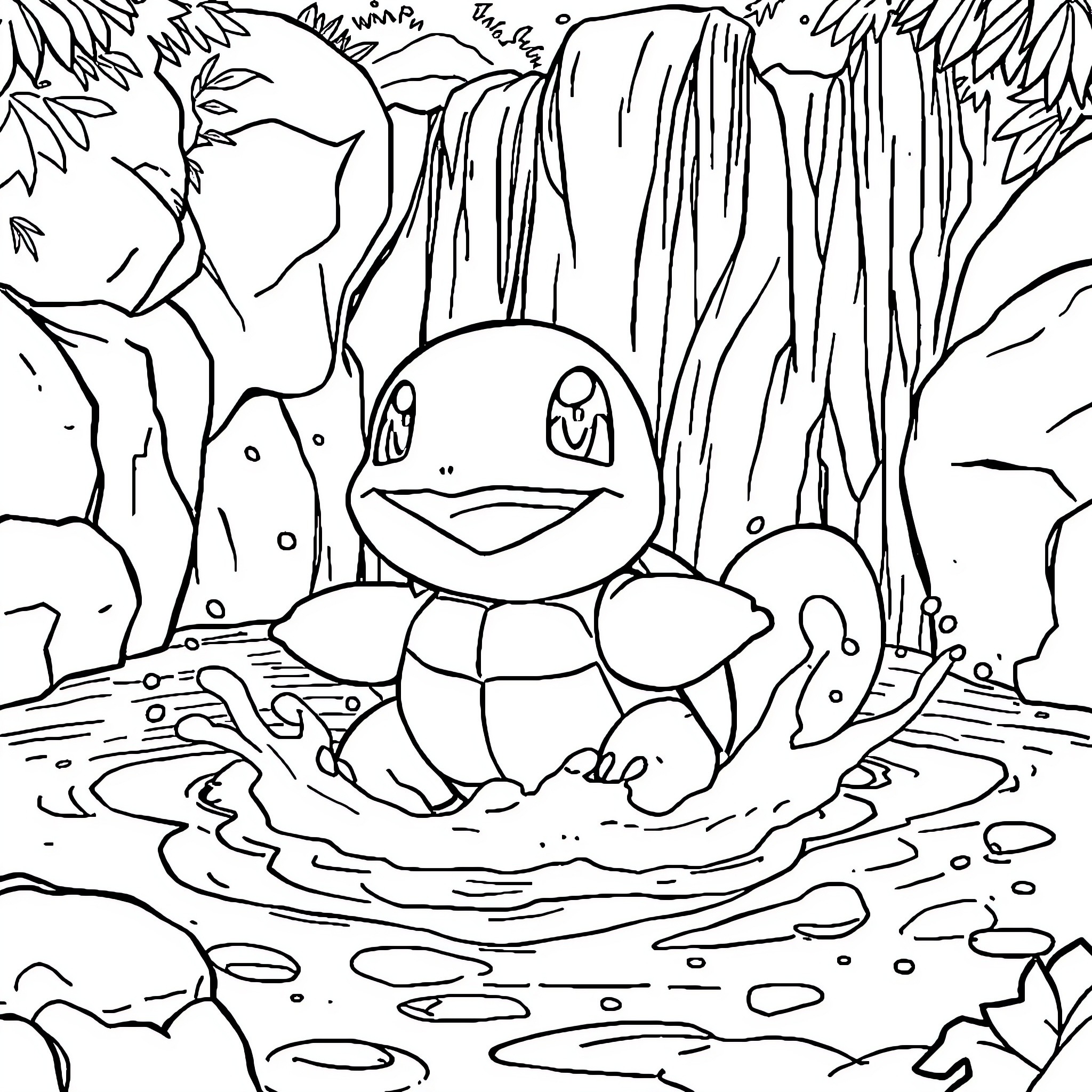 Squirtle Splashing in Waterfall Surroundings Coloring Page (free black-and-white line drawing printable PDF for all, from beginners to advanced learners, including children, teens, adults, and seniors)
