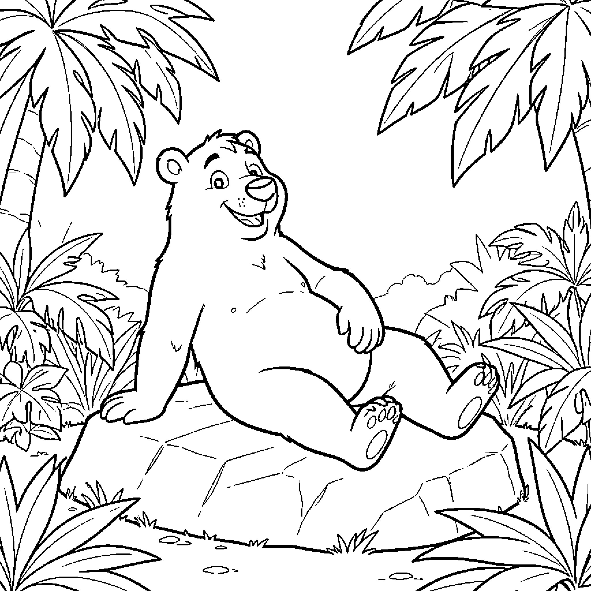Baloo relaxing happily while sitting on a large rock Coloring Page (free black-and-white line drawing printable PDF for all, from beginners to advanced learners, including children, teens, adults, and seniors)