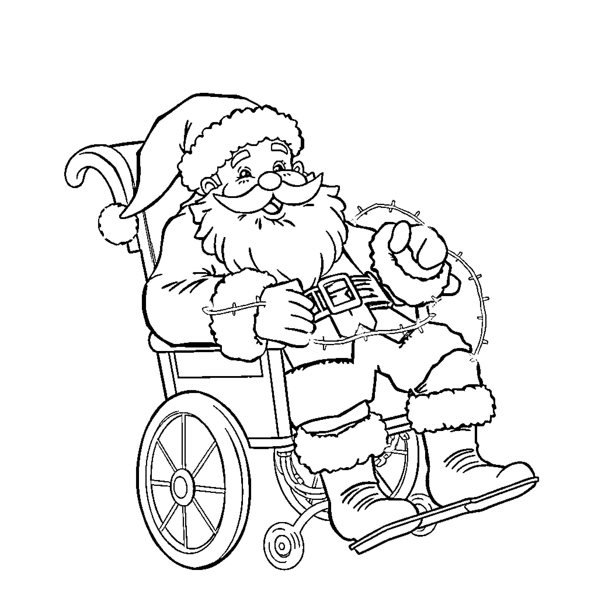 Santa Claus in a Wheelchair Coloring Page (free black-and-white line drawing printable PDF for all, from beginners to advanced learners, including children, teens, adults, and seniors)