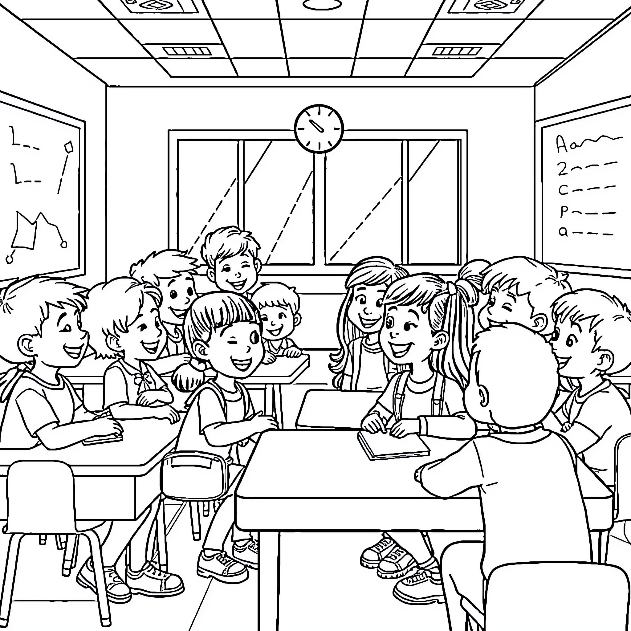 Students Participating Actively in Classroom Coloring Page (free black-and-white line drawing printable PDF for all, from beginners to advanced learners, including children, teens, adults, and seniors)