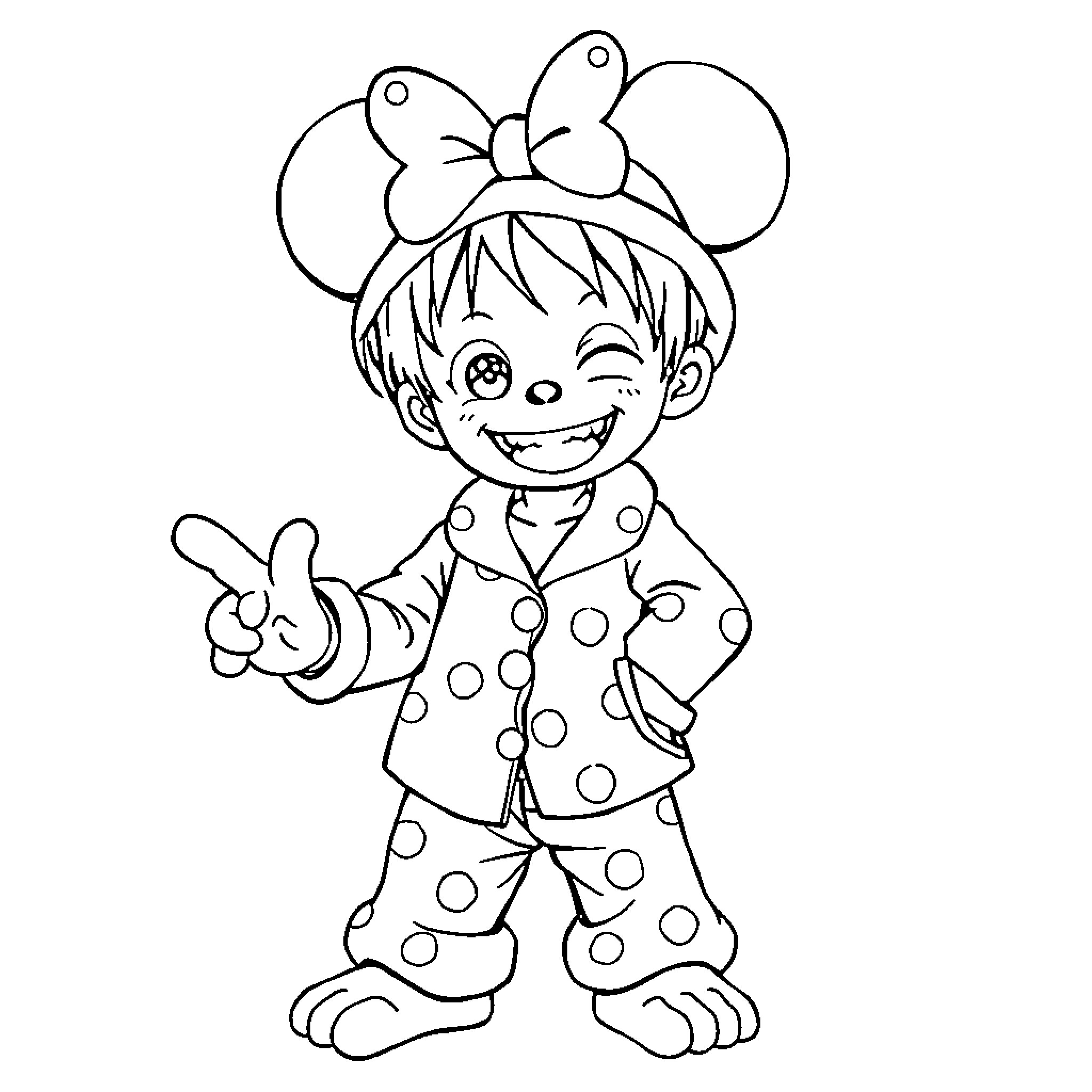 Luffy Wearing Polka Dot Outfit Expressing Happiness Coloring Page (free black-and-white line drawing printable PDF for all, from beginners to advanced learners, including children, teens, adults, and seniors)
