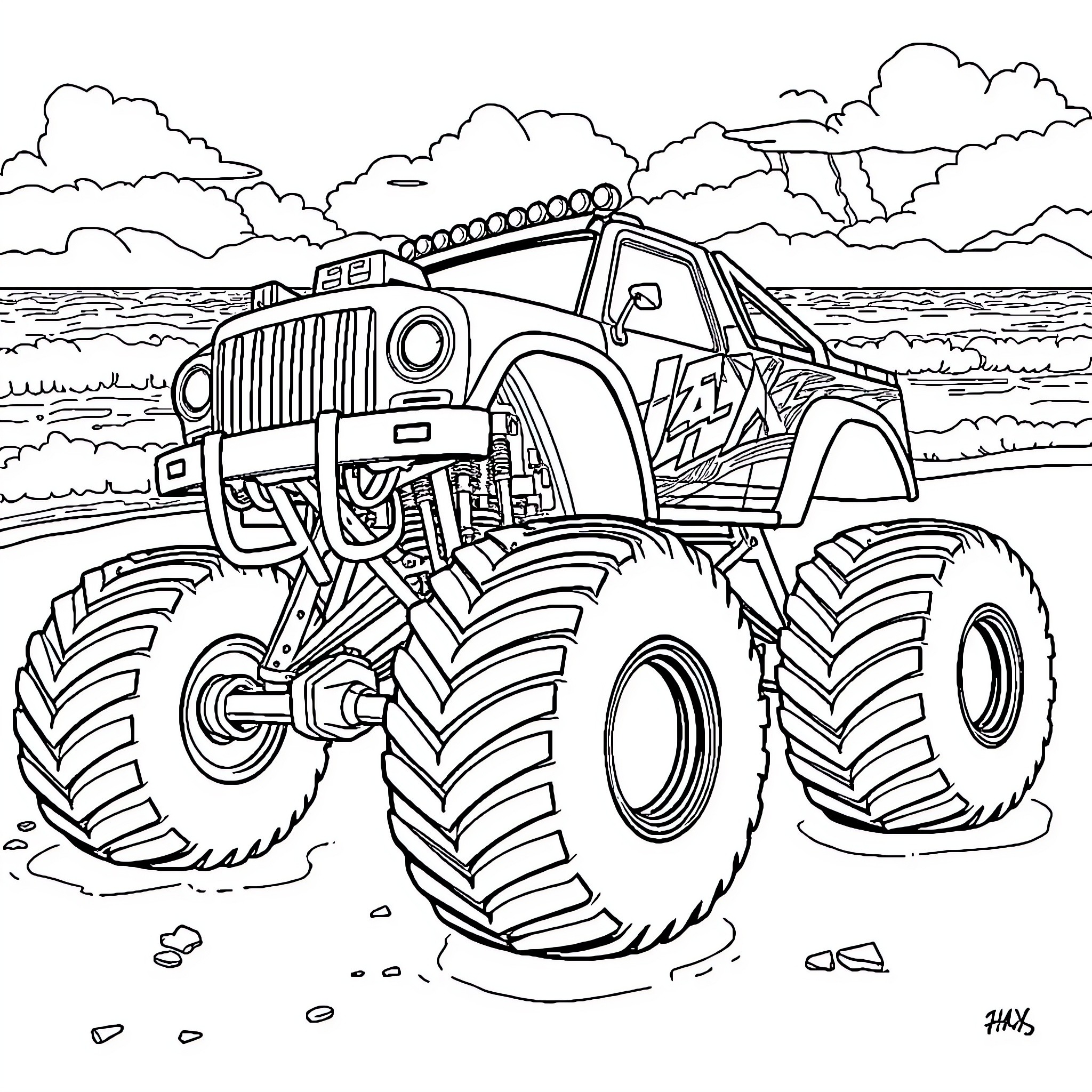 Monster Truck Raging through Rugged Terrain Coloring Page (free black-and-white line drawing printable PDF for all, from beginners to advanced learners, including children, teens, adults, and seniors)