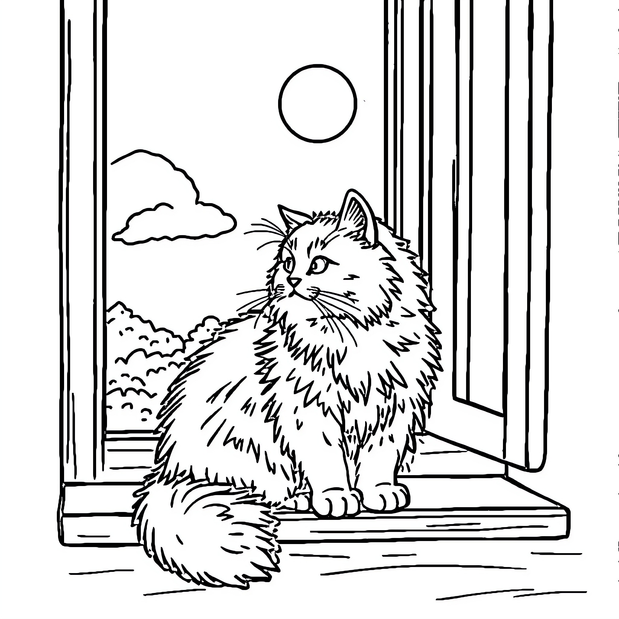Cat gazing out the window at night Coloring Page (free black-and-white line drawing printable PDF for all, from beginners to advanced learners, including children, teens, adults, and seniors)
