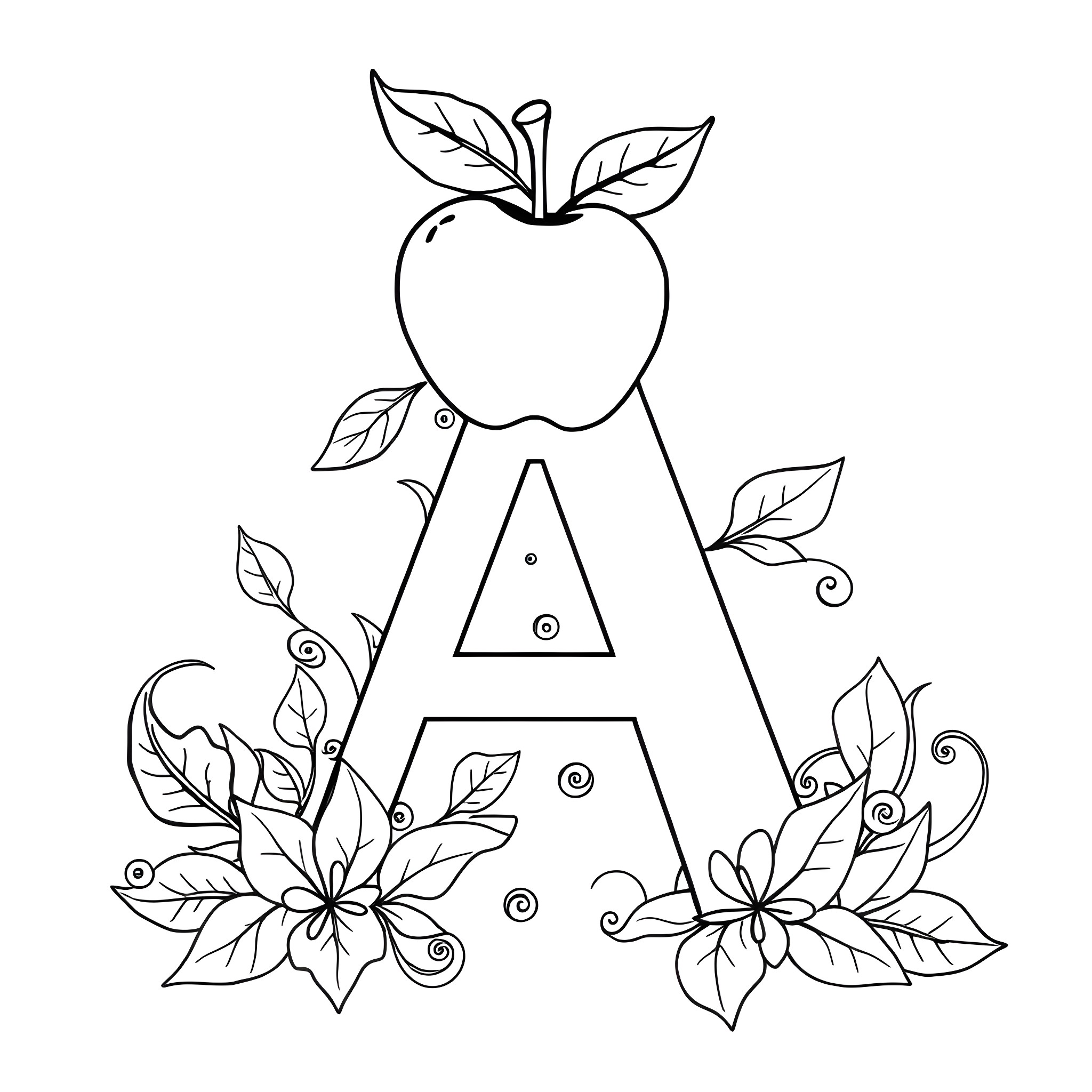 Letter A with apple and floral decorations Coloring Page (free black-and-white line drawing printable PDF for all, from beginners to advanced learners, including children, teens, adults, and seniors)