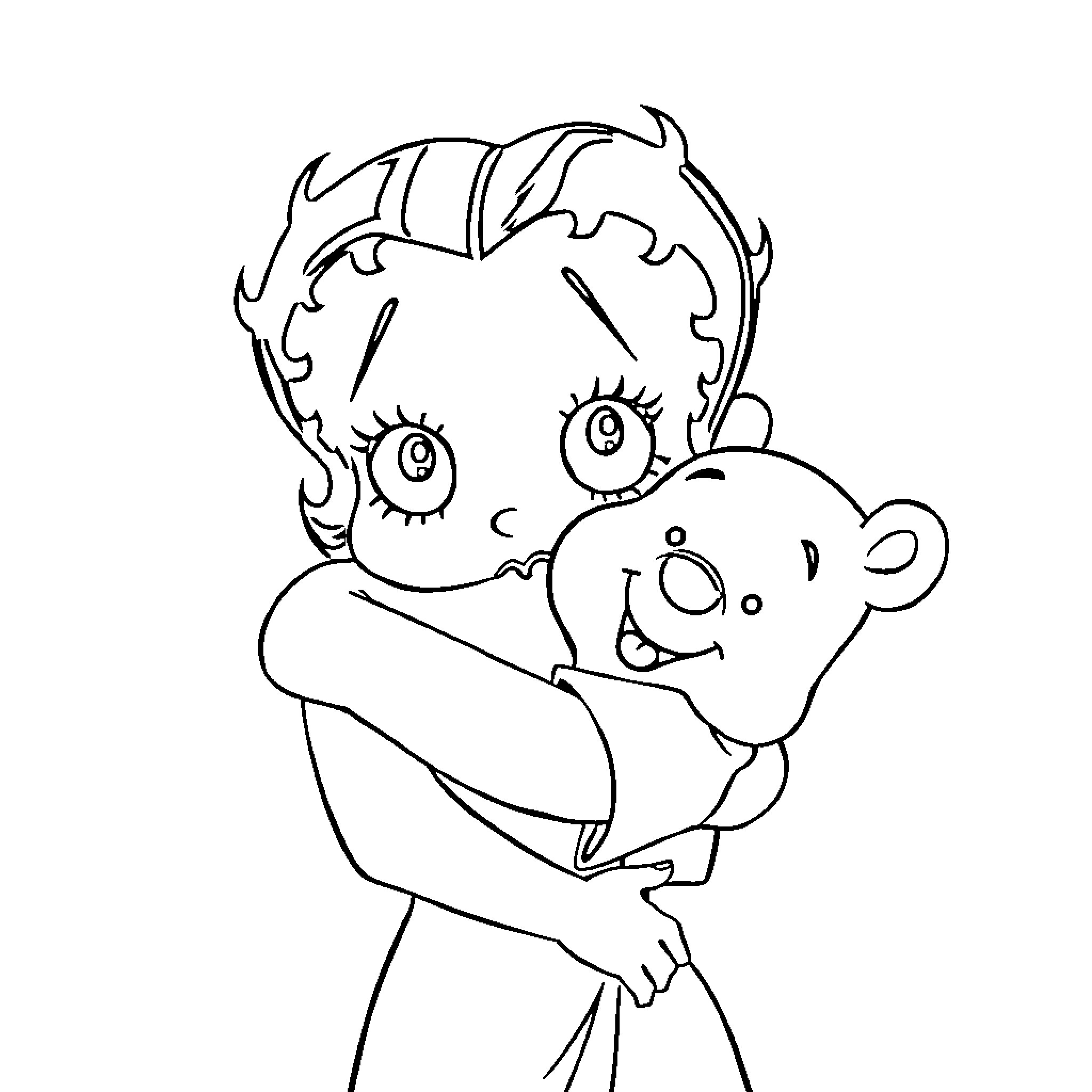Betty Boop embracing a cartoon character Coloring Page (free black-and-white line drawing printable PDF for all, from beginners to advanced learners, including children, teens, adults, and seniors)