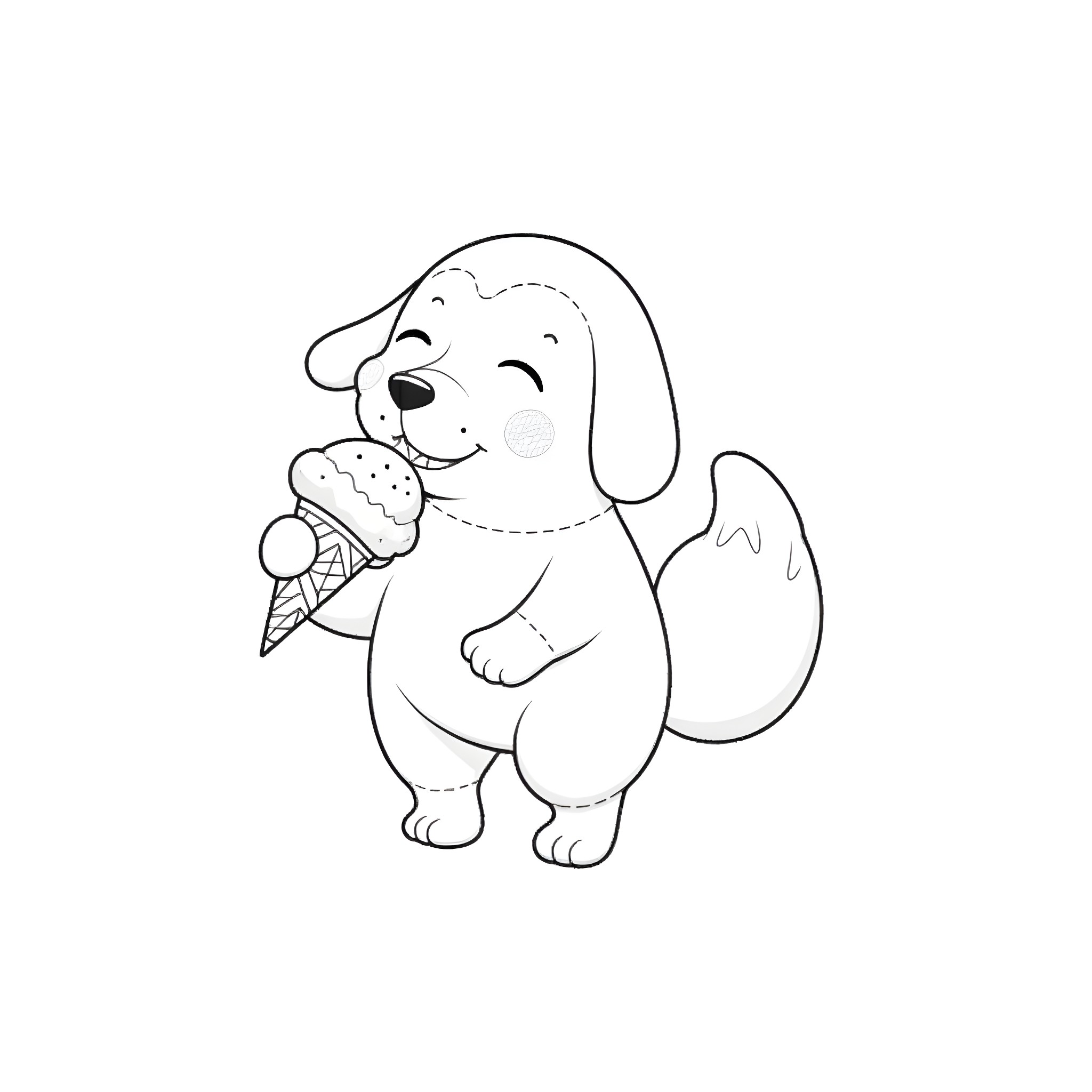 Labubu the Puppy Enjoying an Ice Cream Treat Coloring Page (free black-and-white line drawing printable PDF for all, from beginners to advanced learners, including children, teens, adults, and seniors)