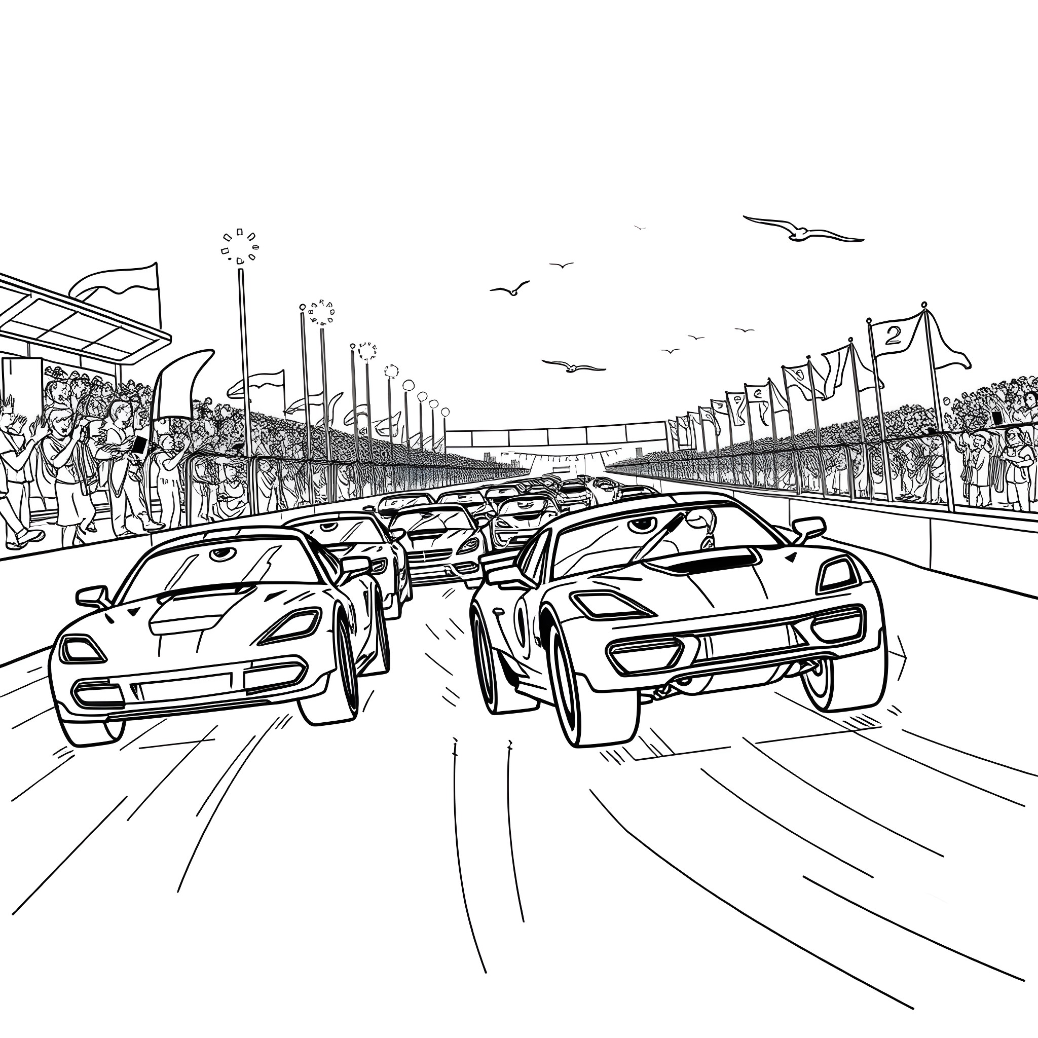 Cars racing on the track with spectators Coloring Page (free black-and-white line drawing printable PDF for all, from beginners to advanced learners, including children, teens, adults, and seniors)