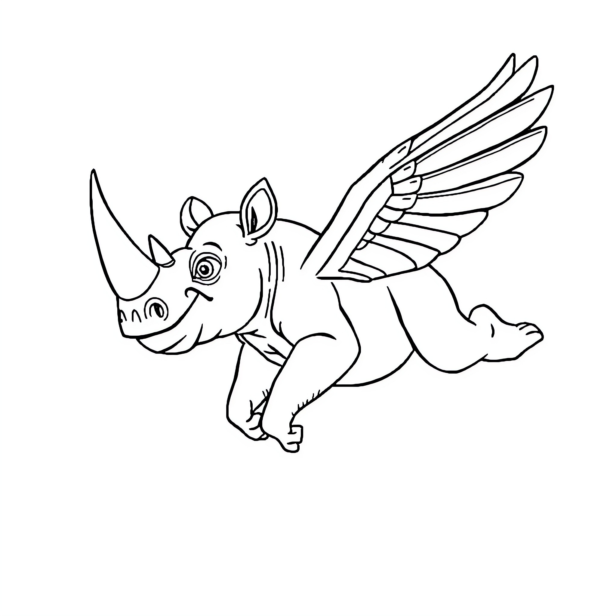Flying Rhinoceros Monkey soaring with wings Coloring Page (free black-and-white line drawing printable PDF for all, from beginners to advanced learners, including children, teens, adults, and seniors)