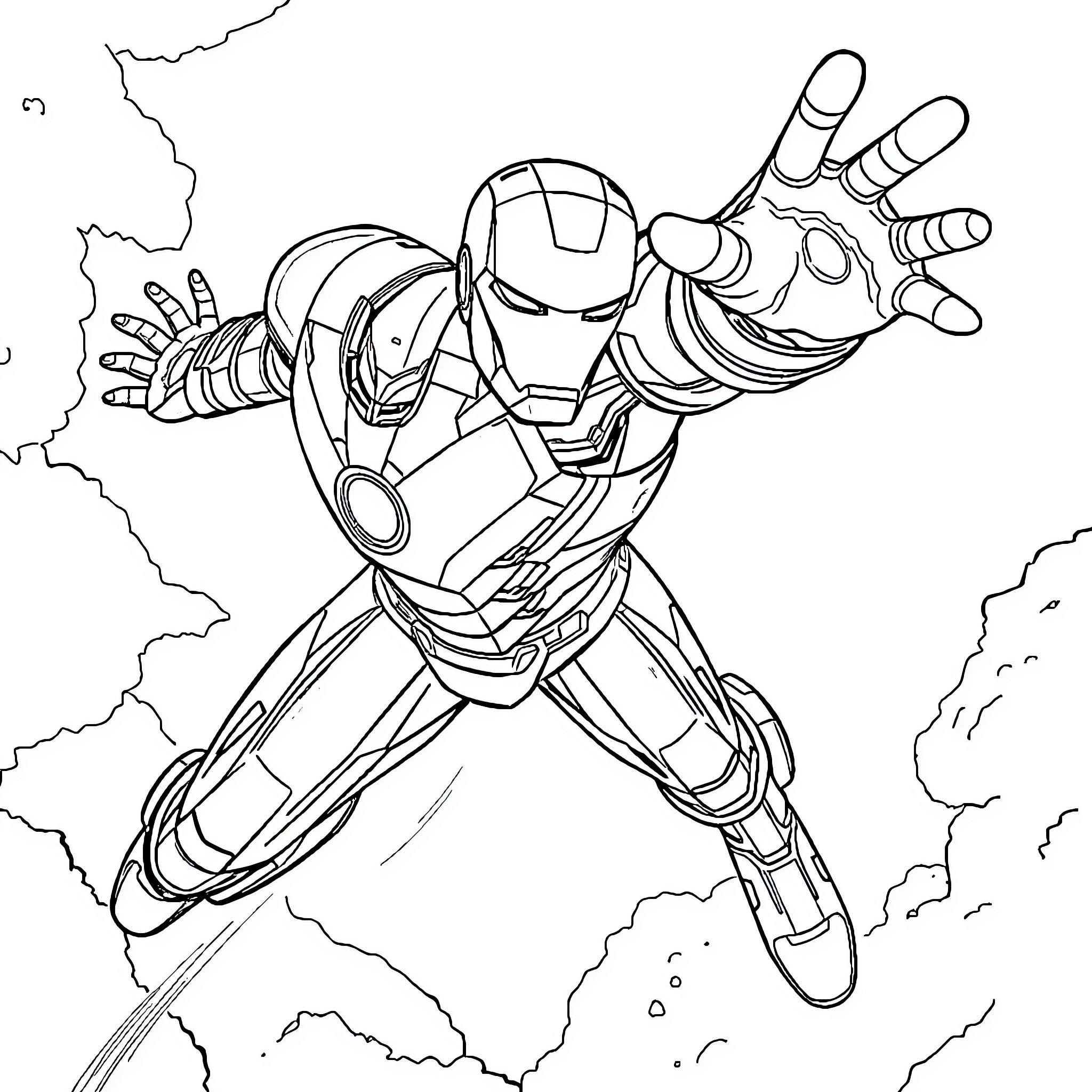 Ironman in heroic flying pose with energy blasts Coloring Page (free black-and-white line drawing printable PDF for all, from beginners to advanced learners, including children, teens, adults, and seniors)