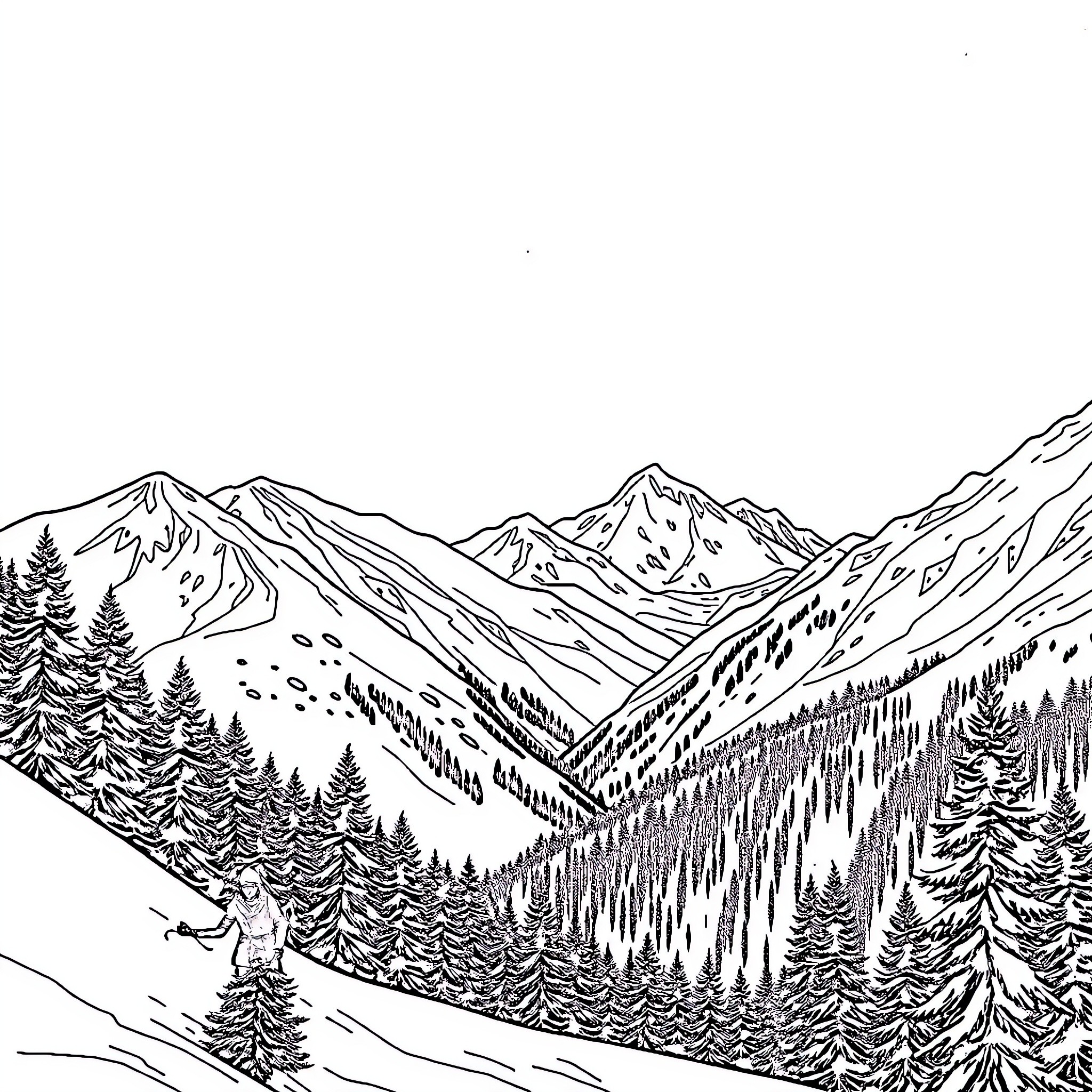 Chase through the Snowy Mountain Landscape Coloring Page (free black-and-white line drawing printable PDF for all, from beginners to advanced learners, including children, teens, adults, and seniors)