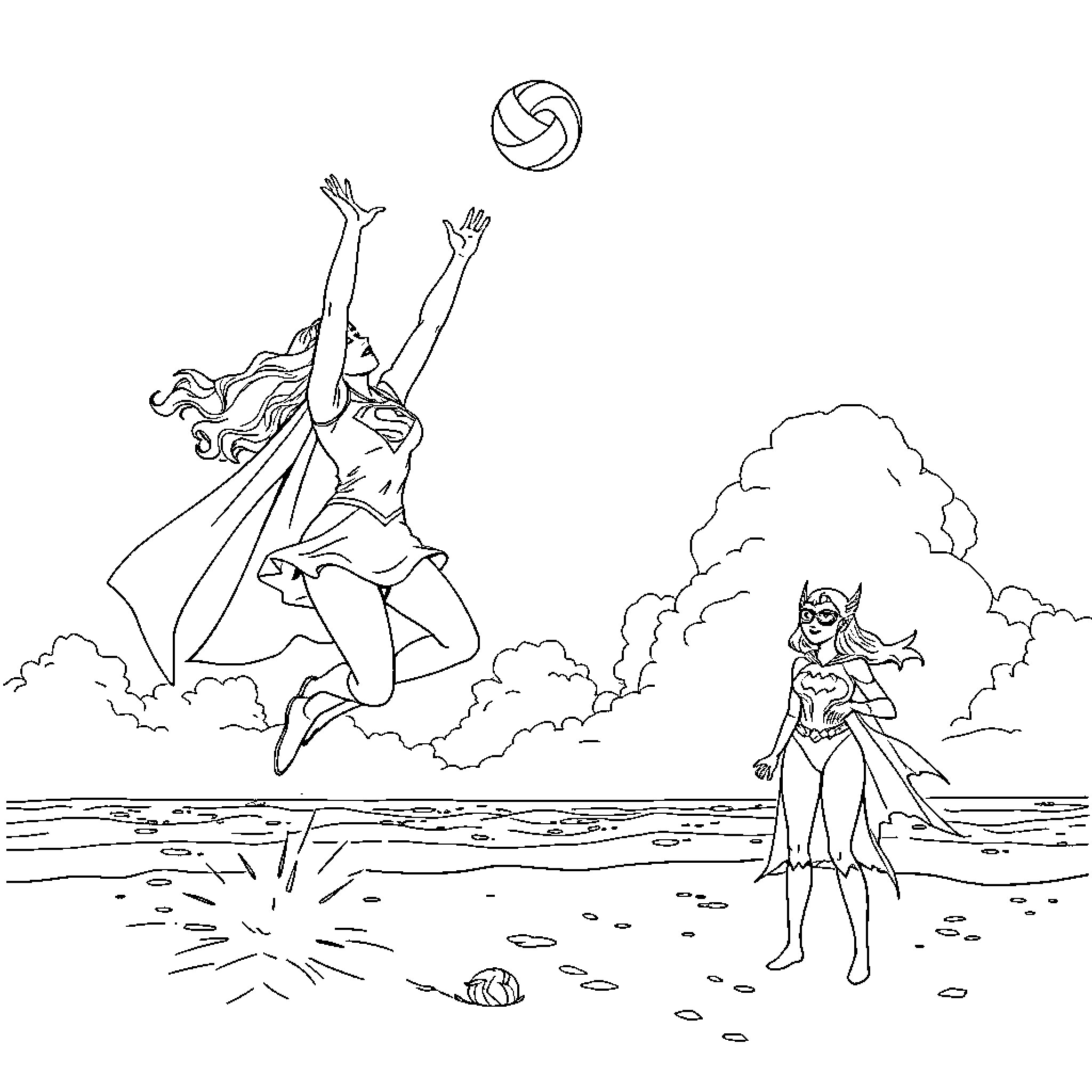Supergirl soaring and leaping with a volleyball Coloring Page (free black-and-white line drawing printable PDF for all, from beginners to advanced learners, including children, teens, adults, and seniors)