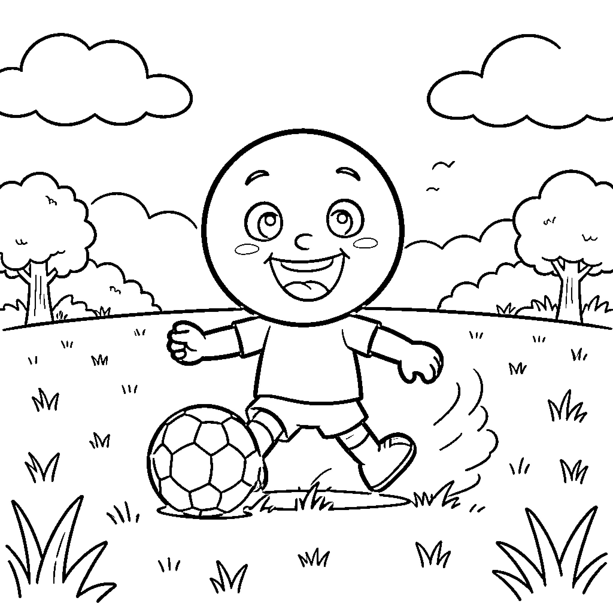 Pocoyo happily playing soccer in a grassy field Coloring Page (free black-and-white line drawing printable PDF for all, from beginners to advanced learners, including children, teens, adults, and seniors)